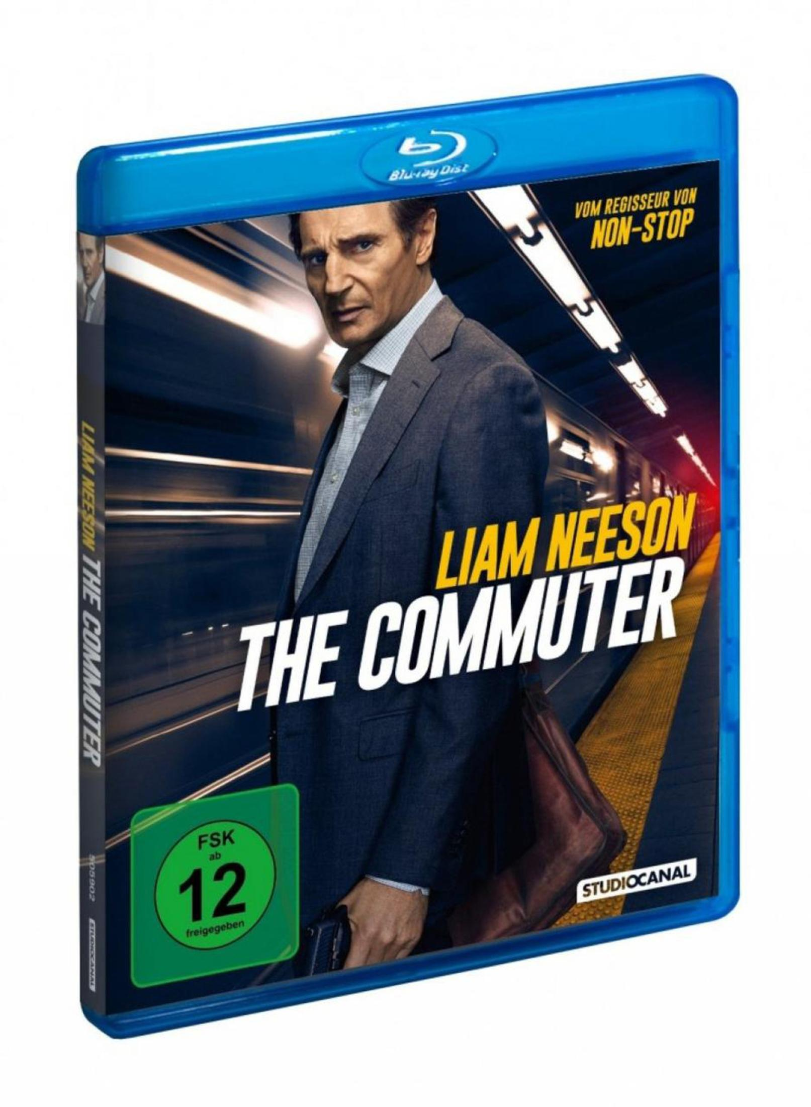Blu-ray-Hülle des Films The Commuter mit Liam Neeson auf einem Bahnsteig.