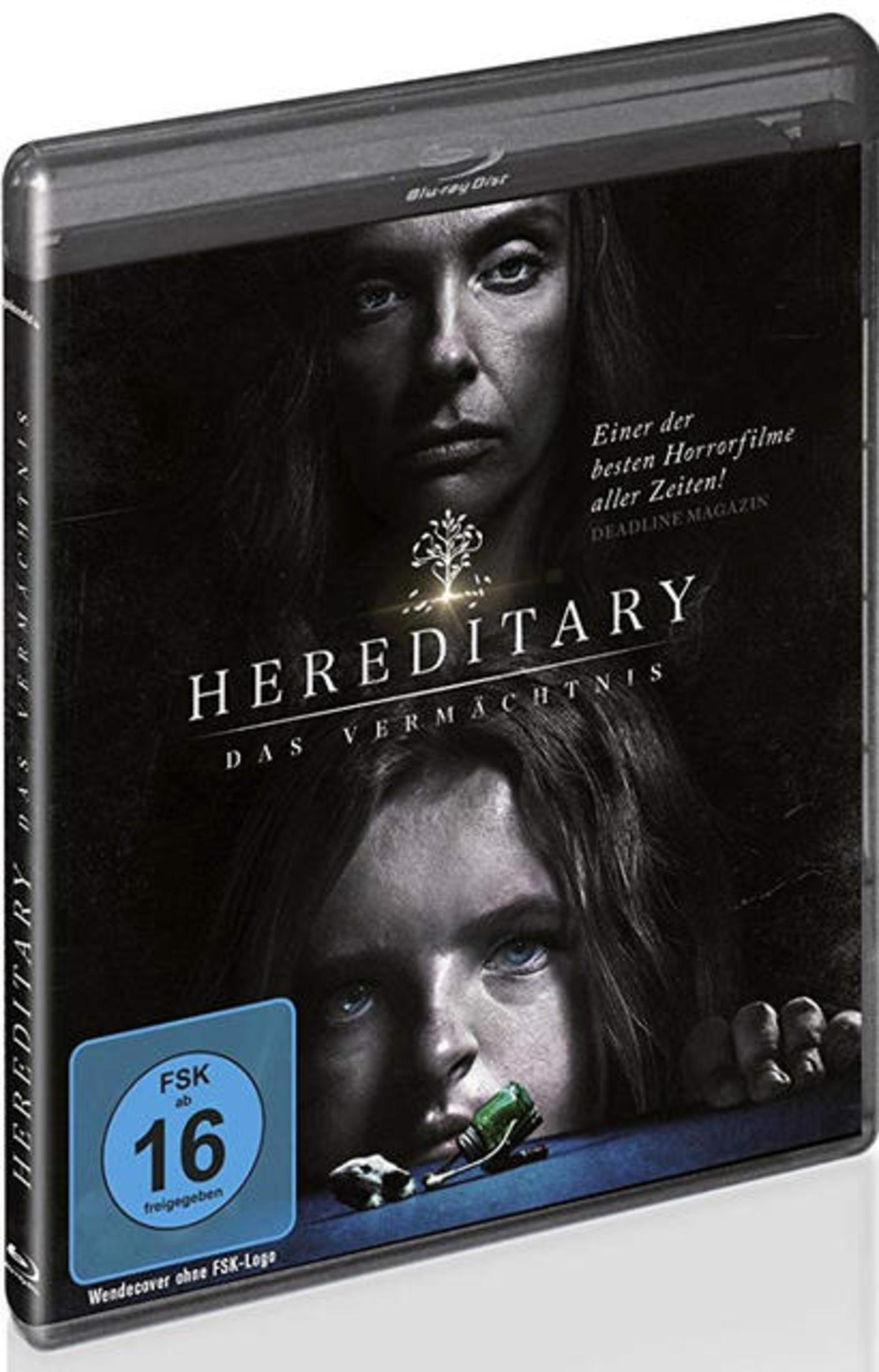 Blu-ray-Hülle von Hereditary mit Gesichtern einer Frau und eines Kindes in dunklen Tönen und FSK-16-Sticker.