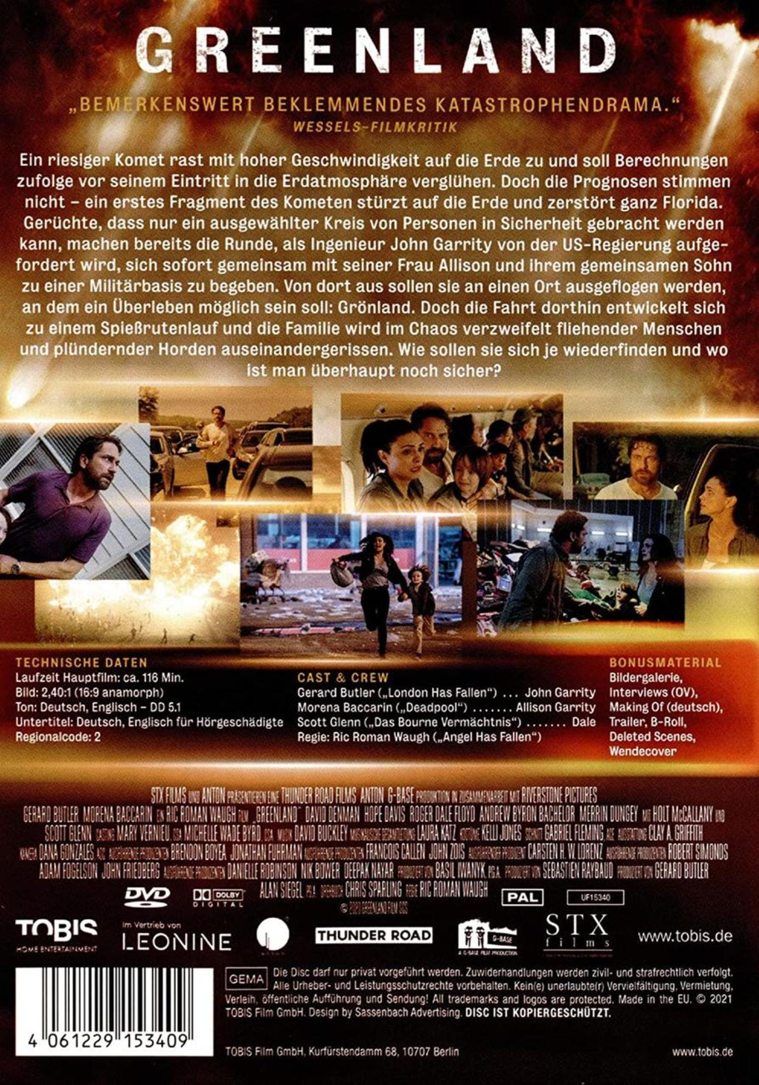 DVD-Rückseite des Films Greenland mit deutscher Synopsis, Szenenbildern, Cast- und Bonusmaterial-Details.