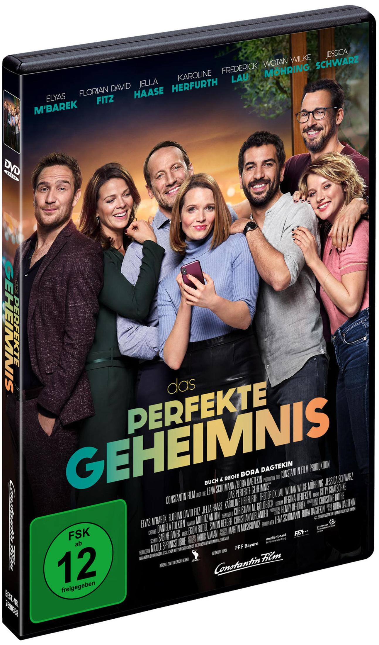 DVD-Cover von Das perfekte Geheimnis mit sieben glücklichen Schauspielern vor orangem Hintergrund.