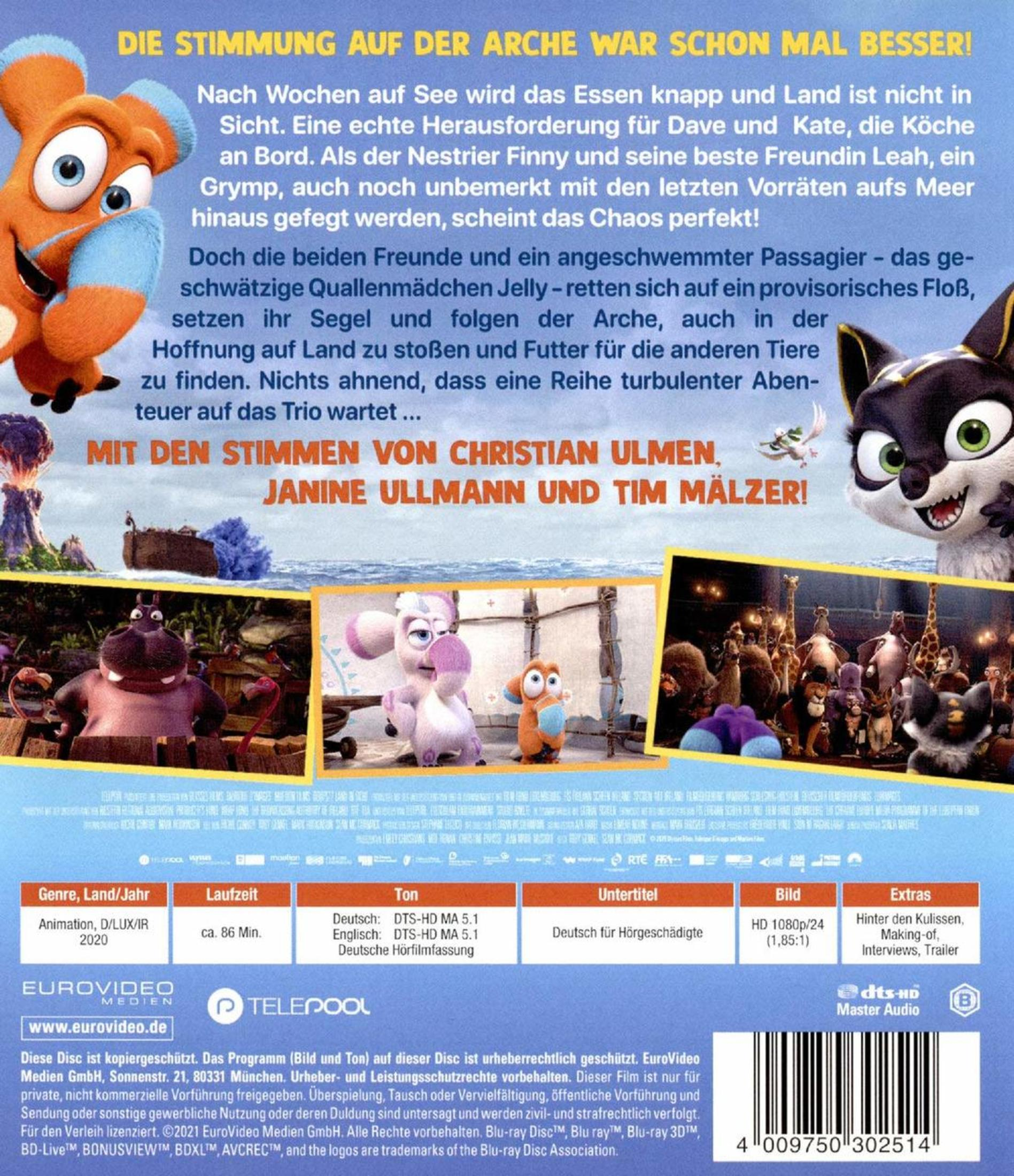 Oops! 12: Land in Sicht DVD-Rückseite. Verschiedene Zeichentrickfiguren und blauer Himmel.