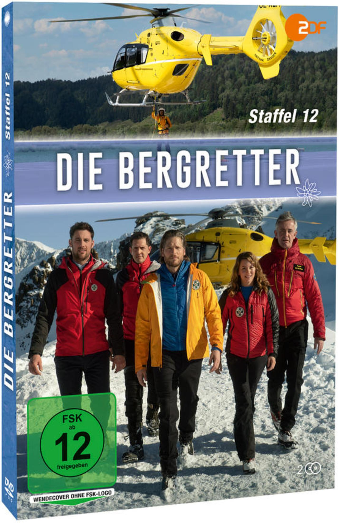 DVD-Cover von 'Die Bergretter' Staffel 12 mit fünf Rettungskräften im Schnee vor einem gelben Hubschrauber.