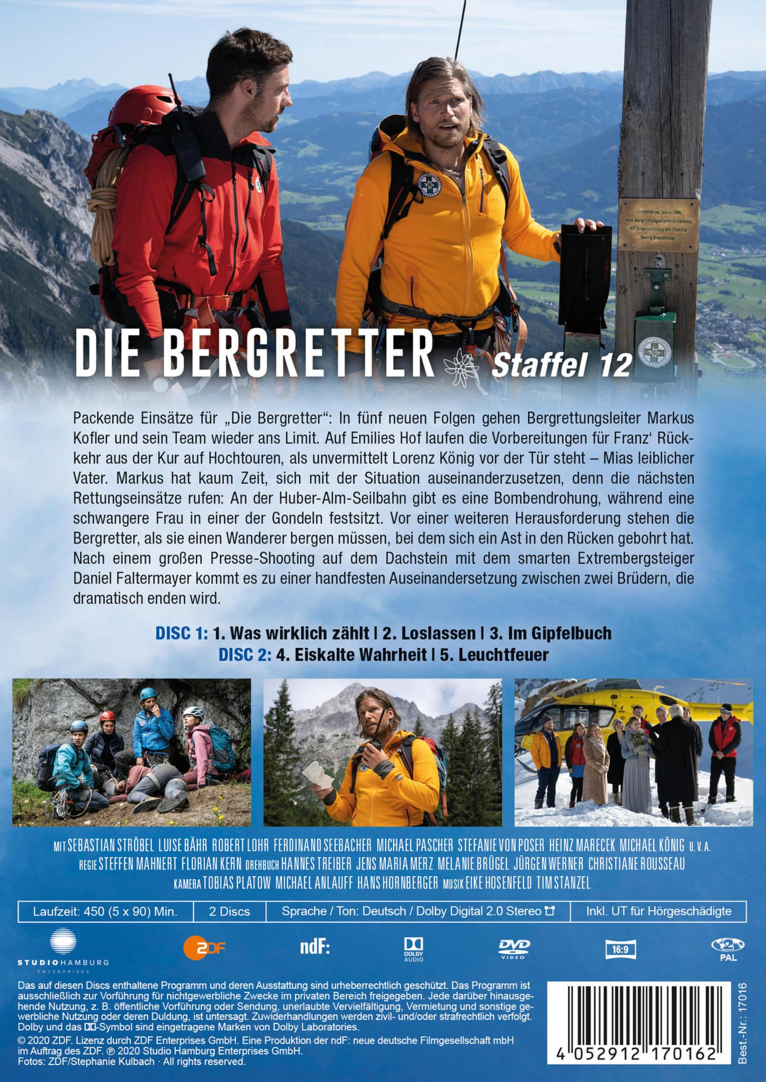 DVD-Cover von Die Bergretter Staffel 12 mit zwei Männern in Bergsteigerbekleidung und einer Berglandschaft.