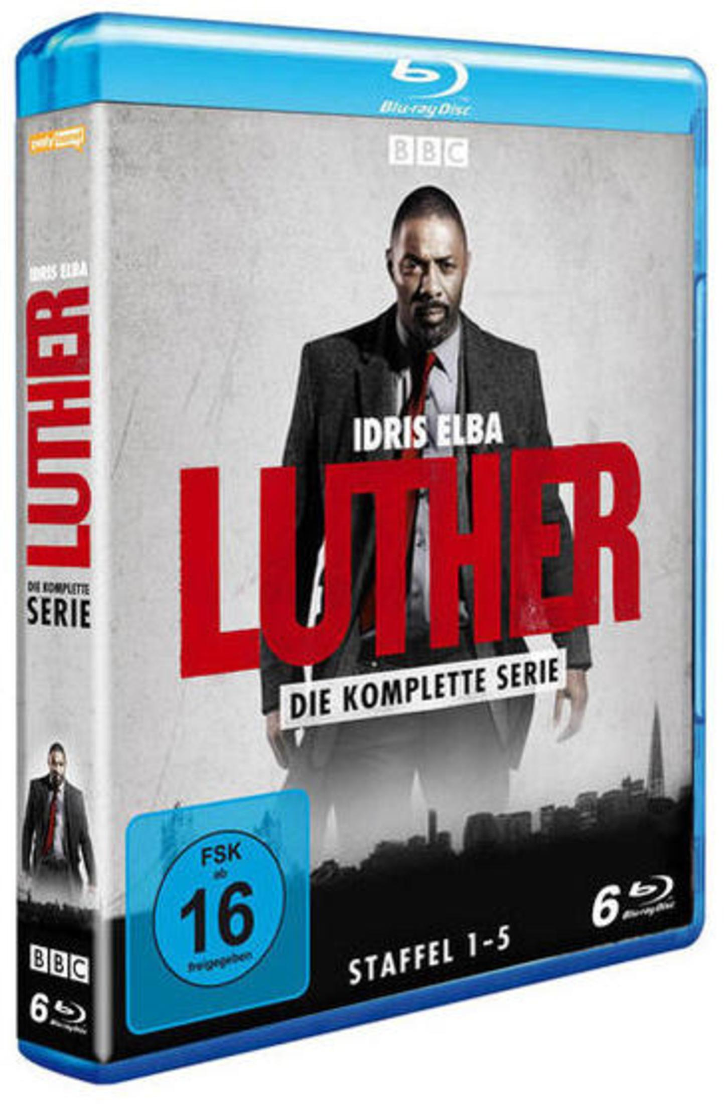 Blu-ray-Hülle der Serie Luther, Staffel 1-5, mit Idris Elba vor einer Stadtkulisse.