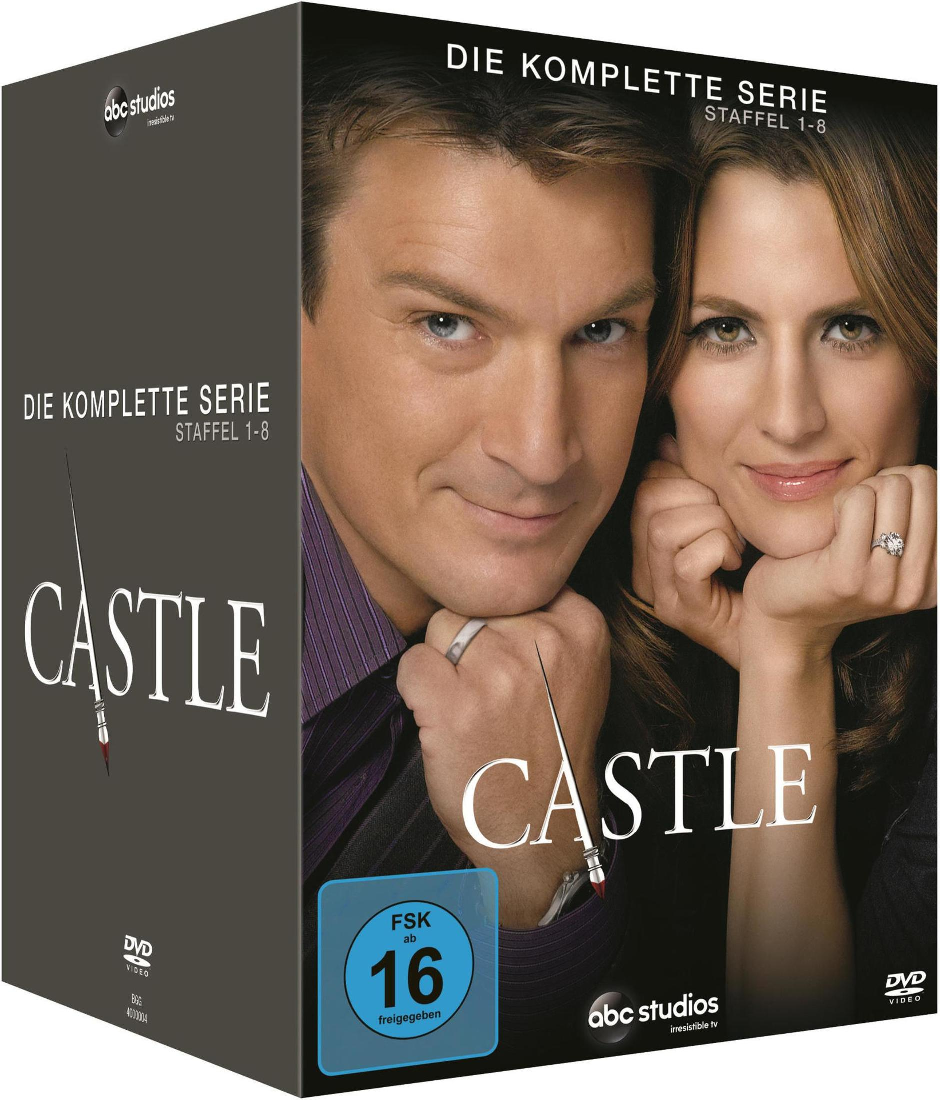 DVD-Box der Staffeln 1-8 von Castle mit den Hauptdarstellern und FSK-16-Altersfreigabe.