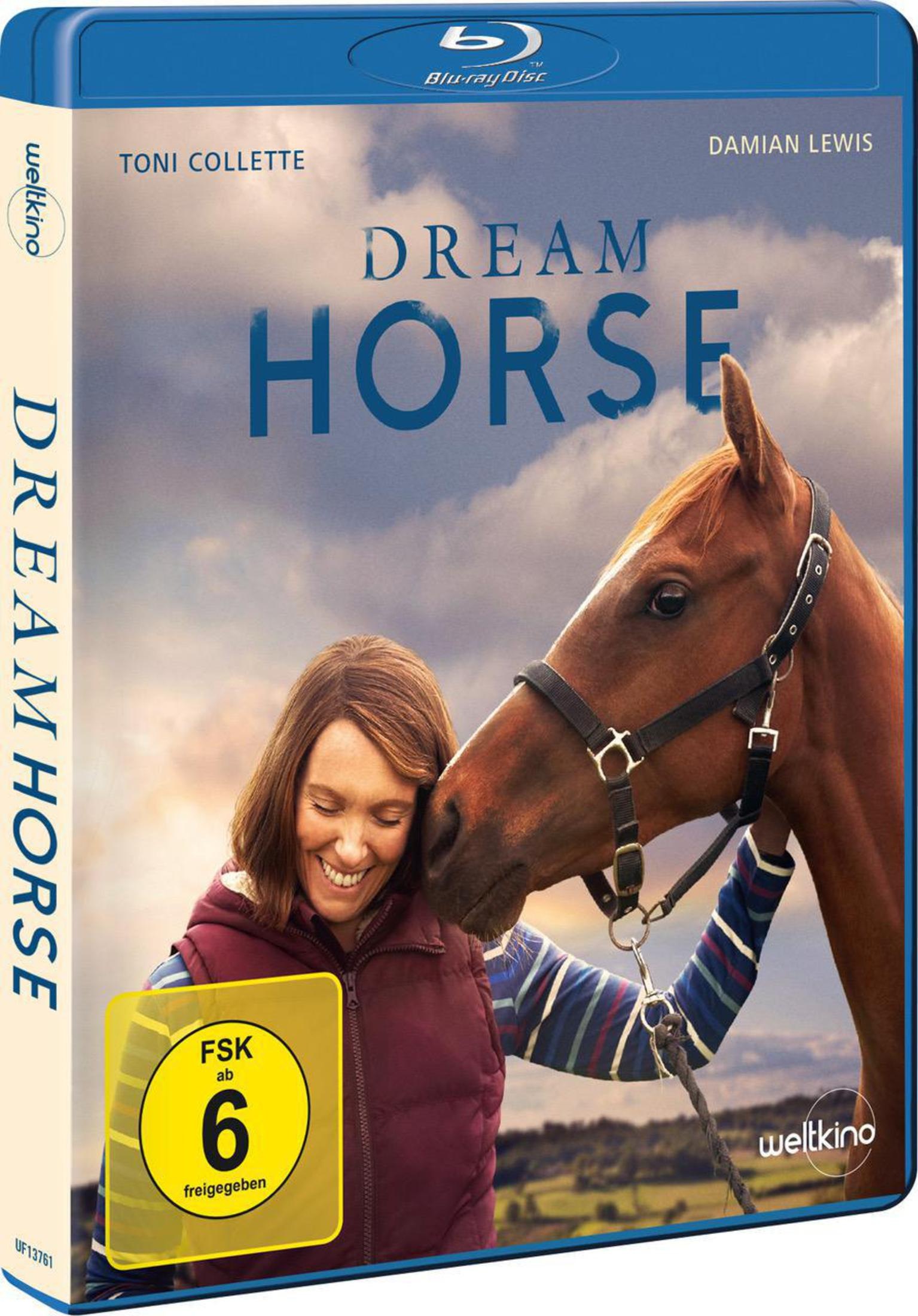 Blu-ray-Hülle von Dream Horse mit einer lächelnden Frau, die ein braunes Pferd umarmt.