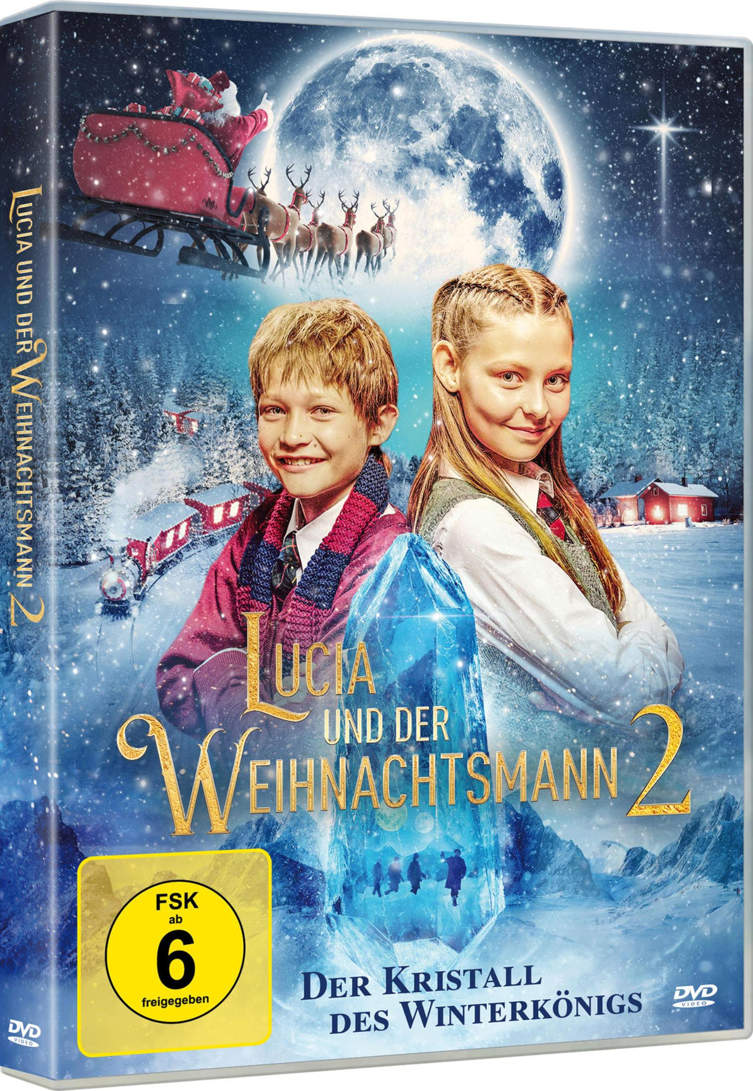 DVD-Cover von Lucia und der Weihnachtsmann 2 mit zwei Kindern, Santa in Schlitten, blauem Kristall und verschneiter Landschaft.
