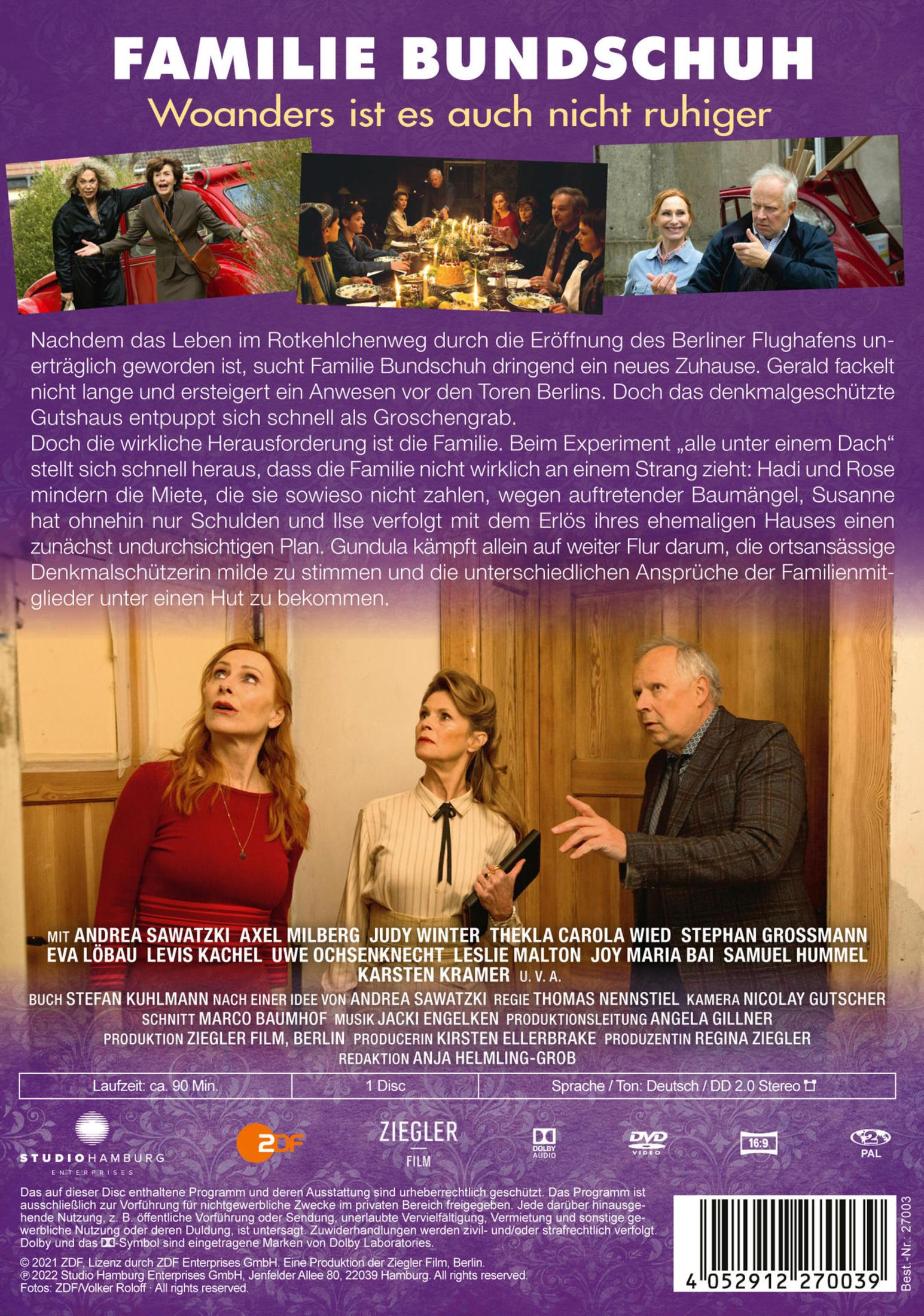 DVD-Cover für Familie Bundschuh mit Fotos der Besetzung, Inhaltsangabe und violettem Hintergrund.