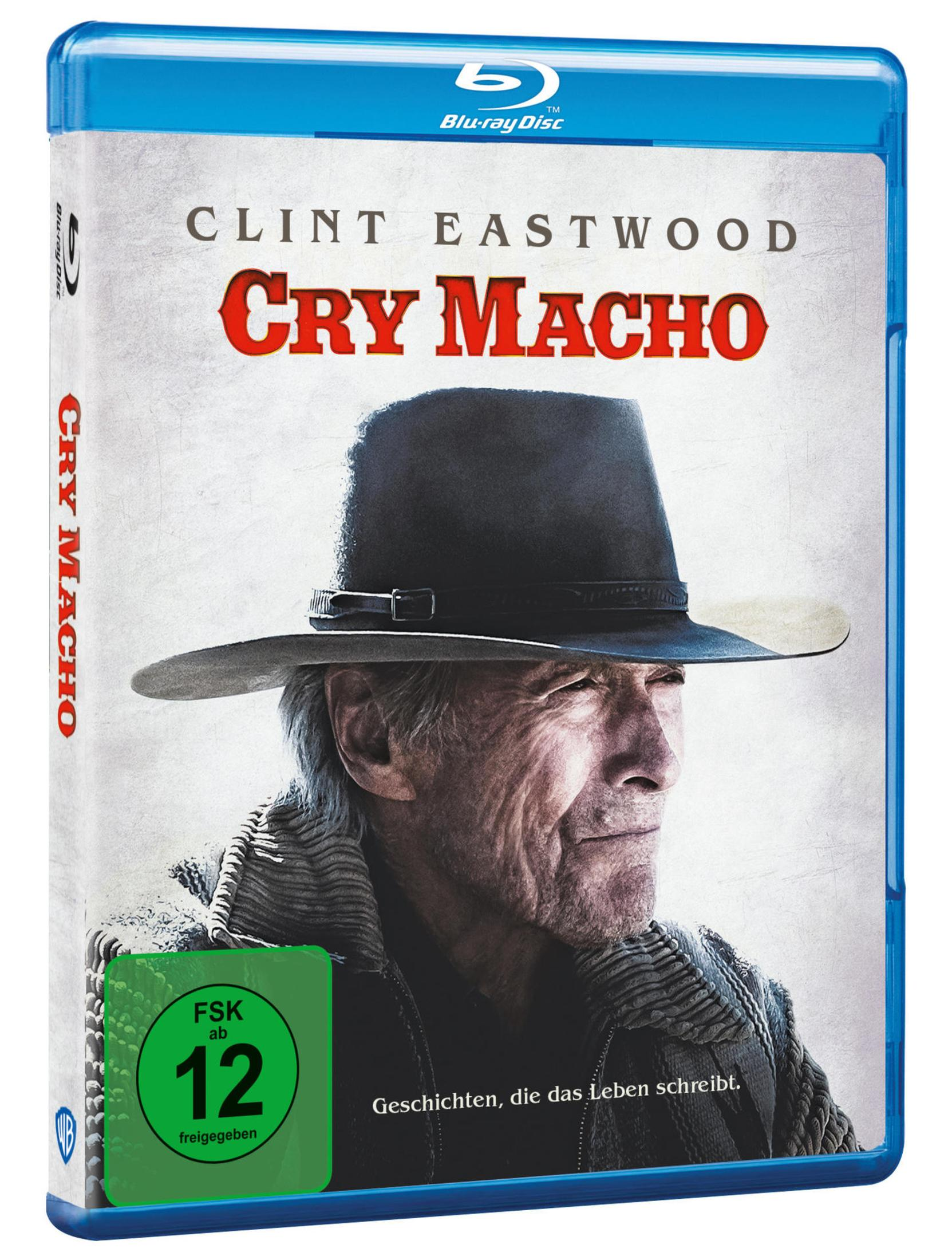Blu-ray-Hülle des Films Cry Macho mit Clint Eastwood im Cowboyhut und deutscher FSK-12-Altersfreigabe.