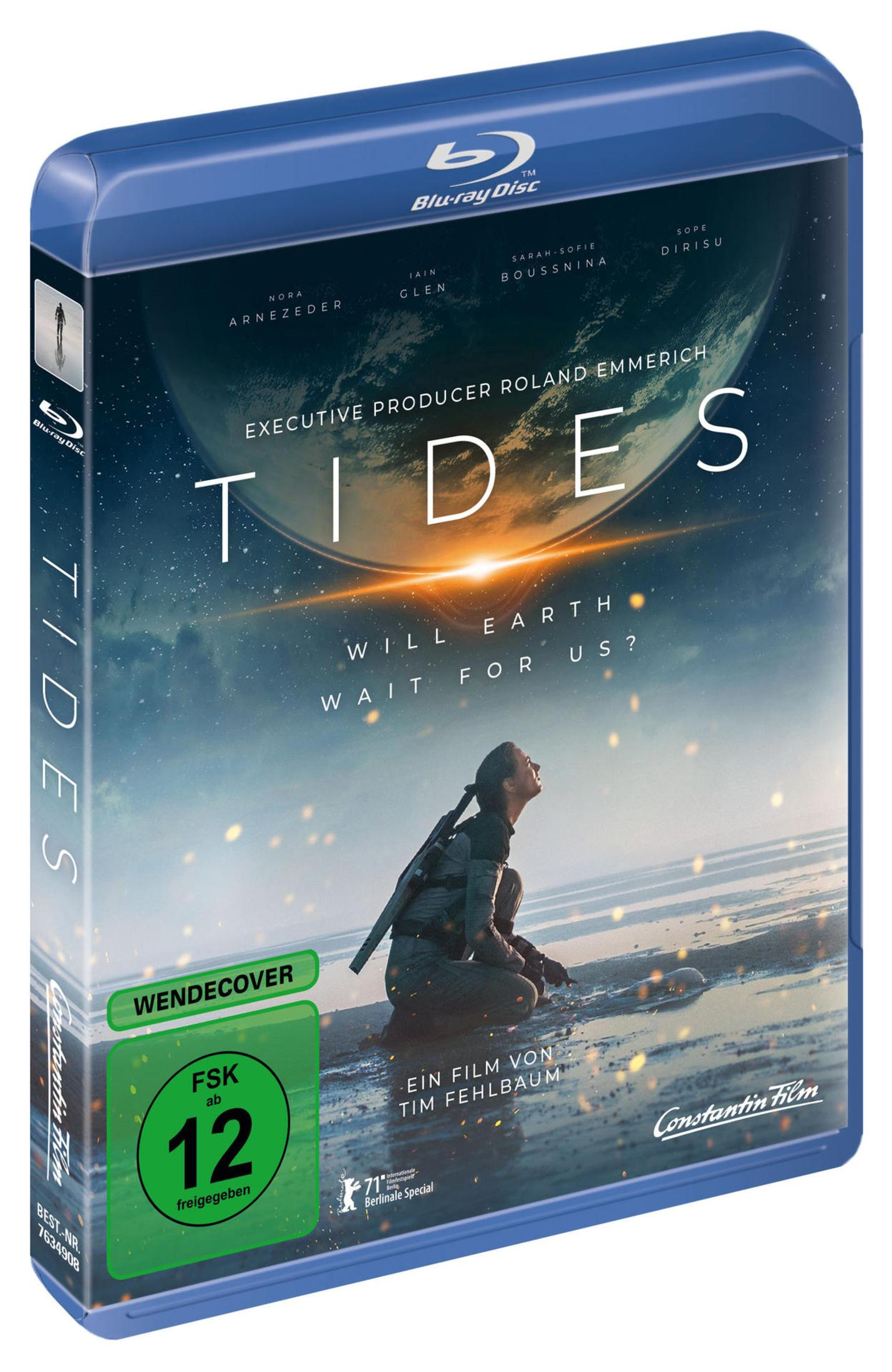Blu-Ray-Hülle des Films Tides mit einer knienden Person und der Erde im Hintergrund.