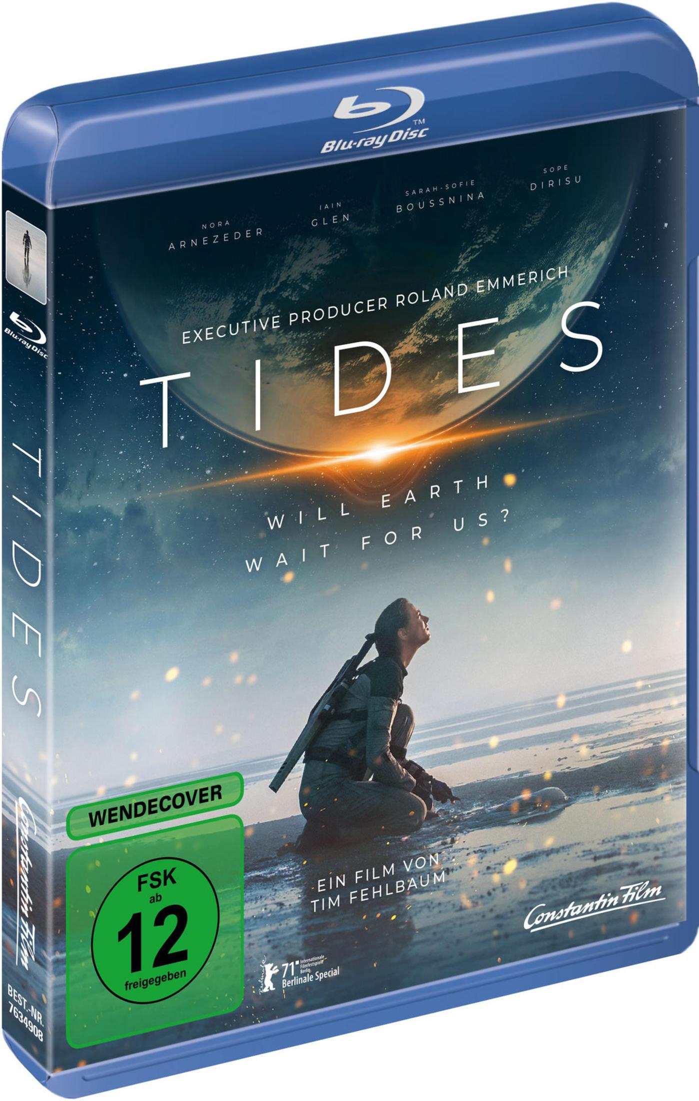 Blu-ray-Hülle des Films Tides mit einer knienden Person vor einer Erde-Hintergrundszene.