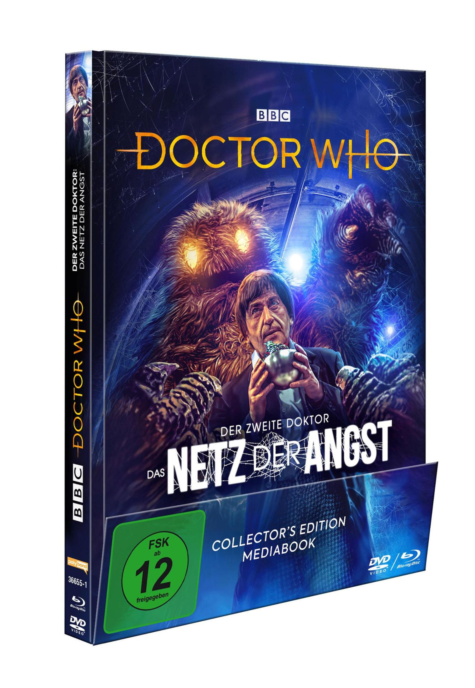 Doctor Who Blu-ray Mediabook, Das Netz der Angst, mit dem zweiten Doktor vor einer pelzigen Kreatur.