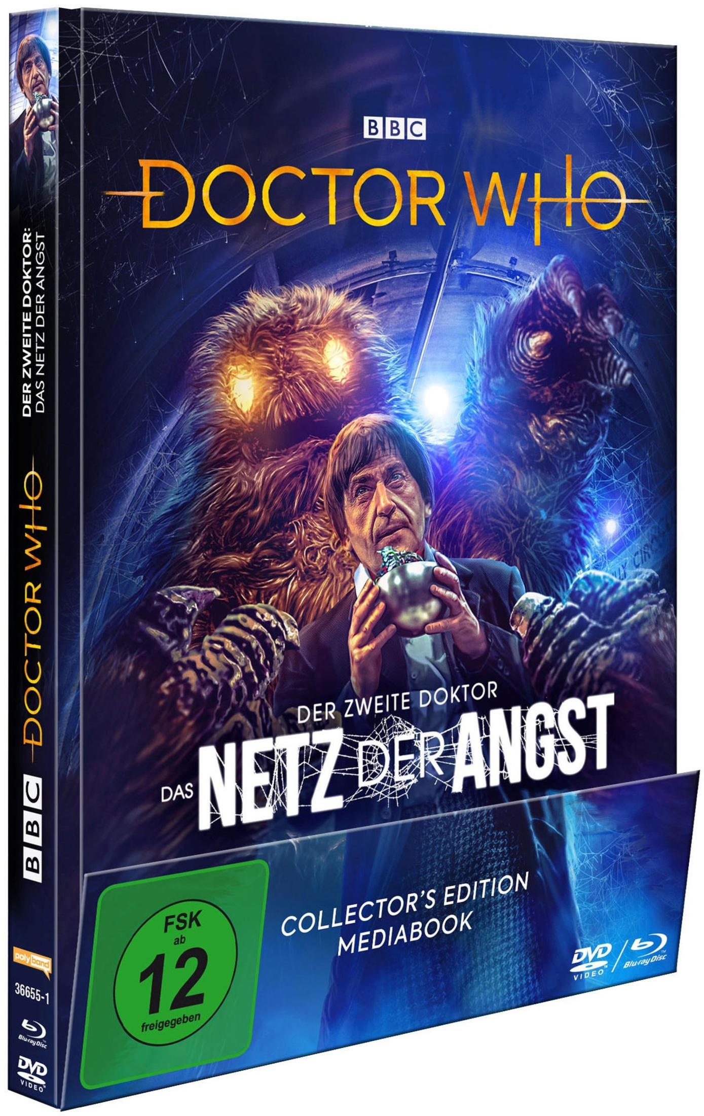 Doctor Who Mediabook Cover mit dem Zweiten Doktor und einer furchteinflößenden Kreatur im Hintergrund.
