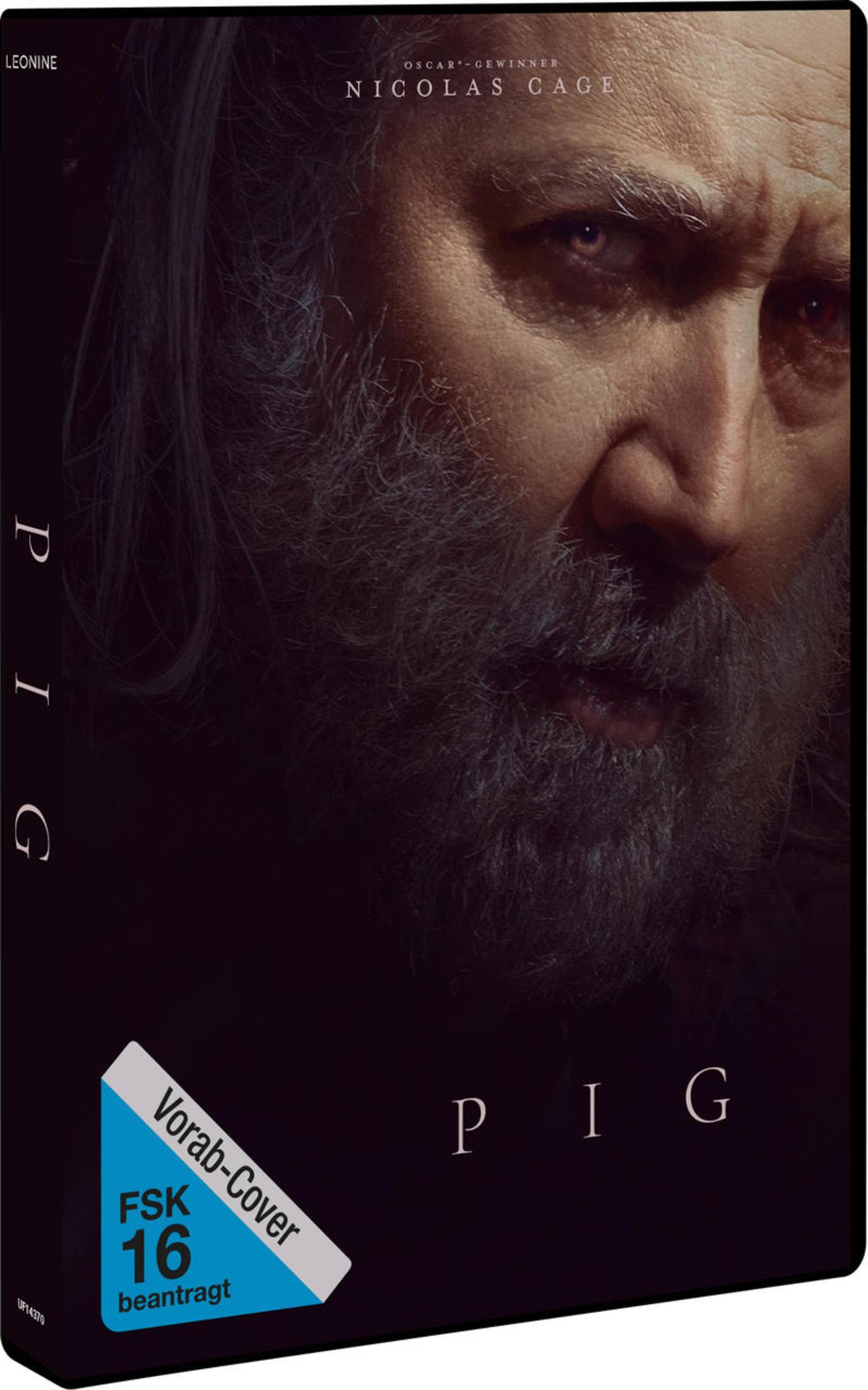 Nahaufnahme von Nicolas Cage mit Bart und dunklem Hintergrund, DVD-Cover des Films Pig.