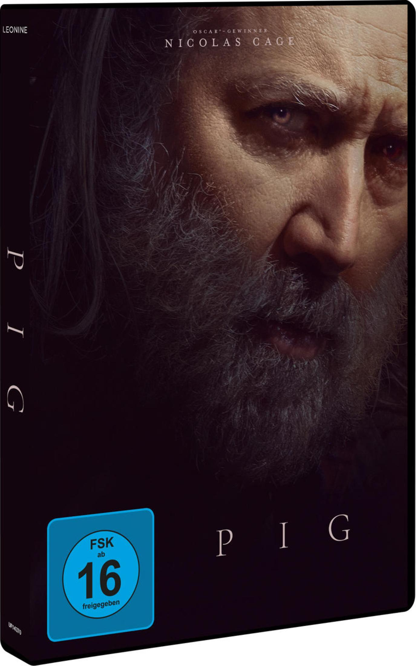 DVD-Cover des Films Pig mit Nicolas Cage mit grauem Bart und dunklem Hintergrund.