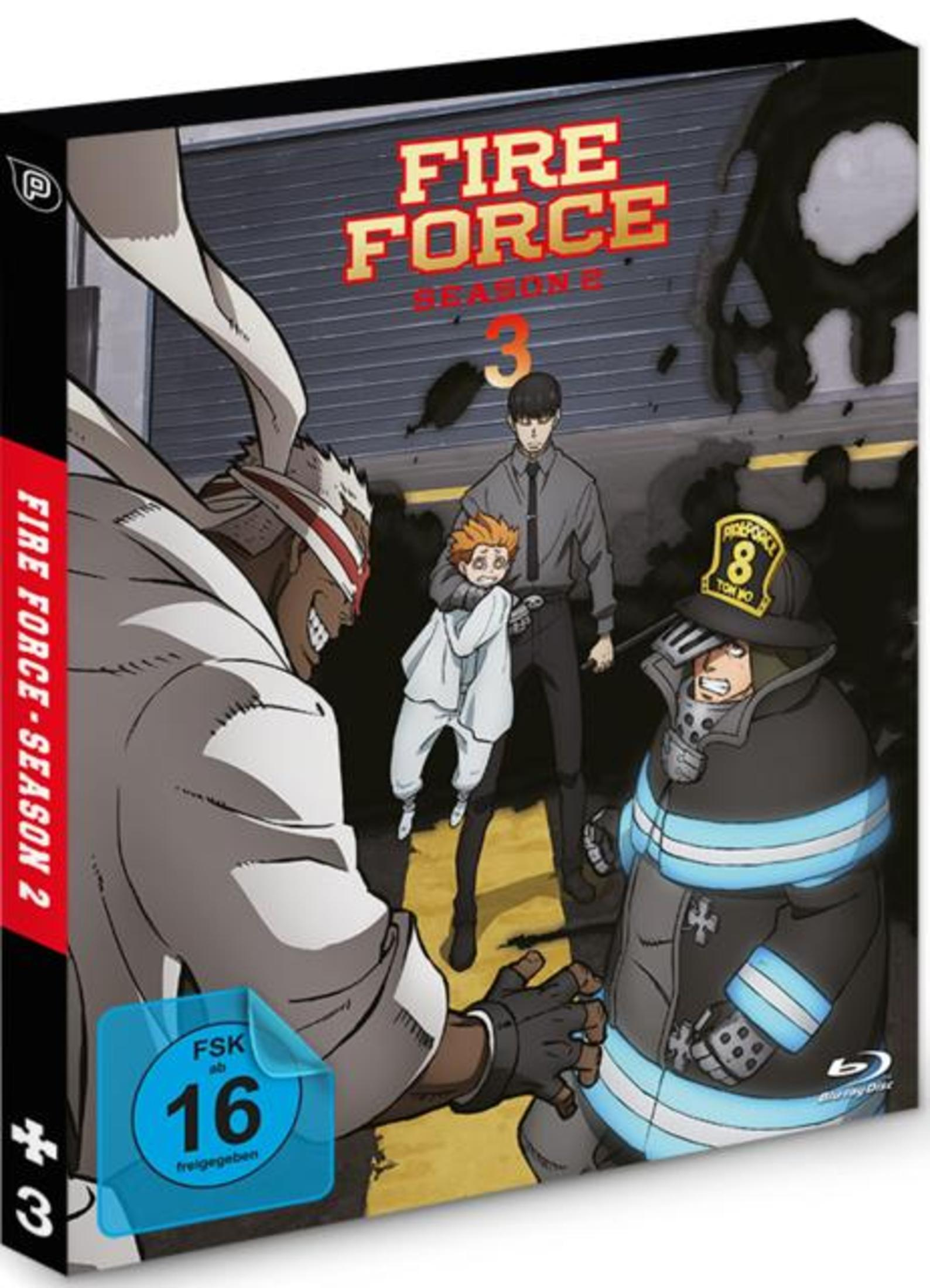 Anime-Cover zeigt Fire Force Charaktere und den Text Fire Force Season 3 vor einem dunklen Hintergrund.