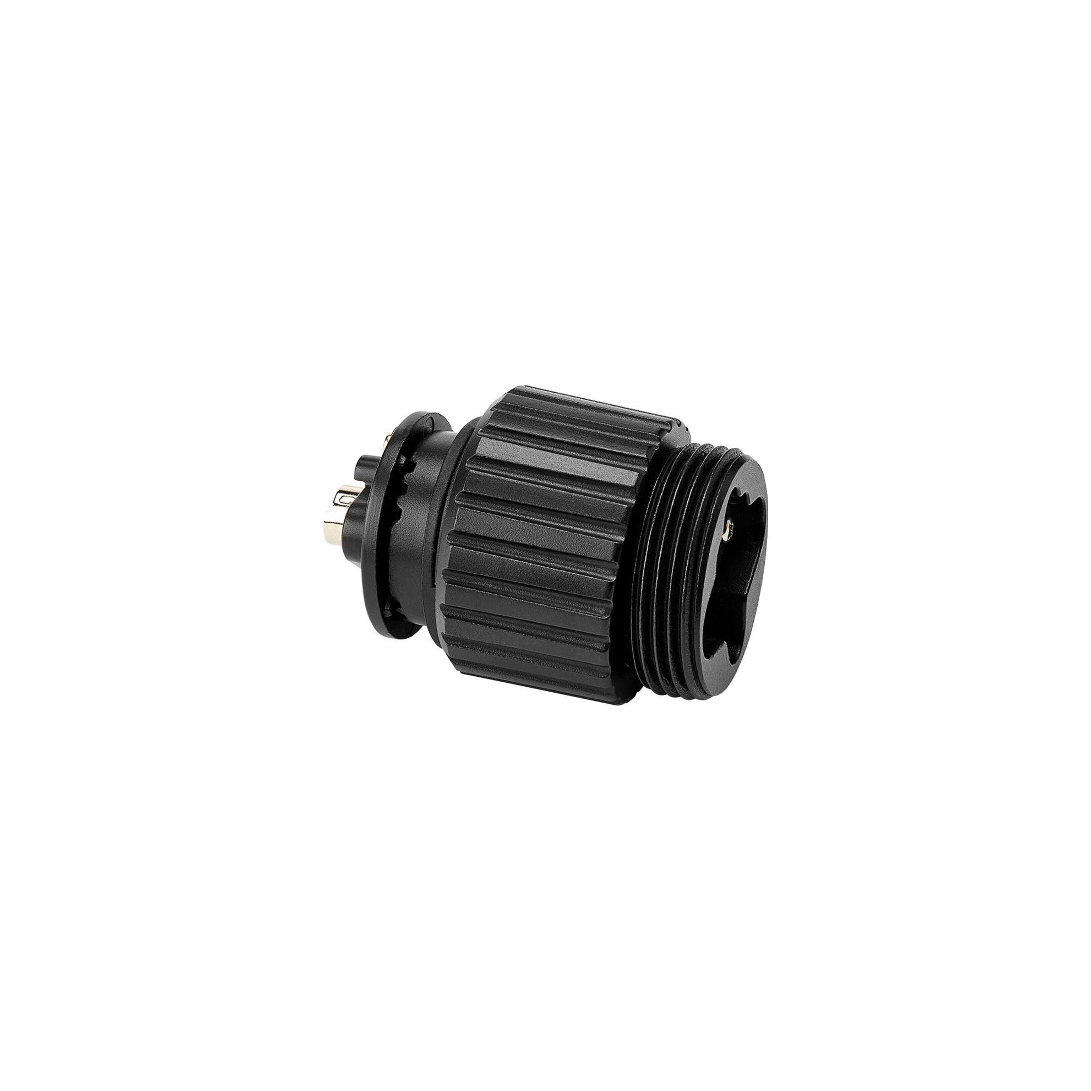 Un conector eléctrico cilíndrico negro con múltiples pines sobre fondo blanco.