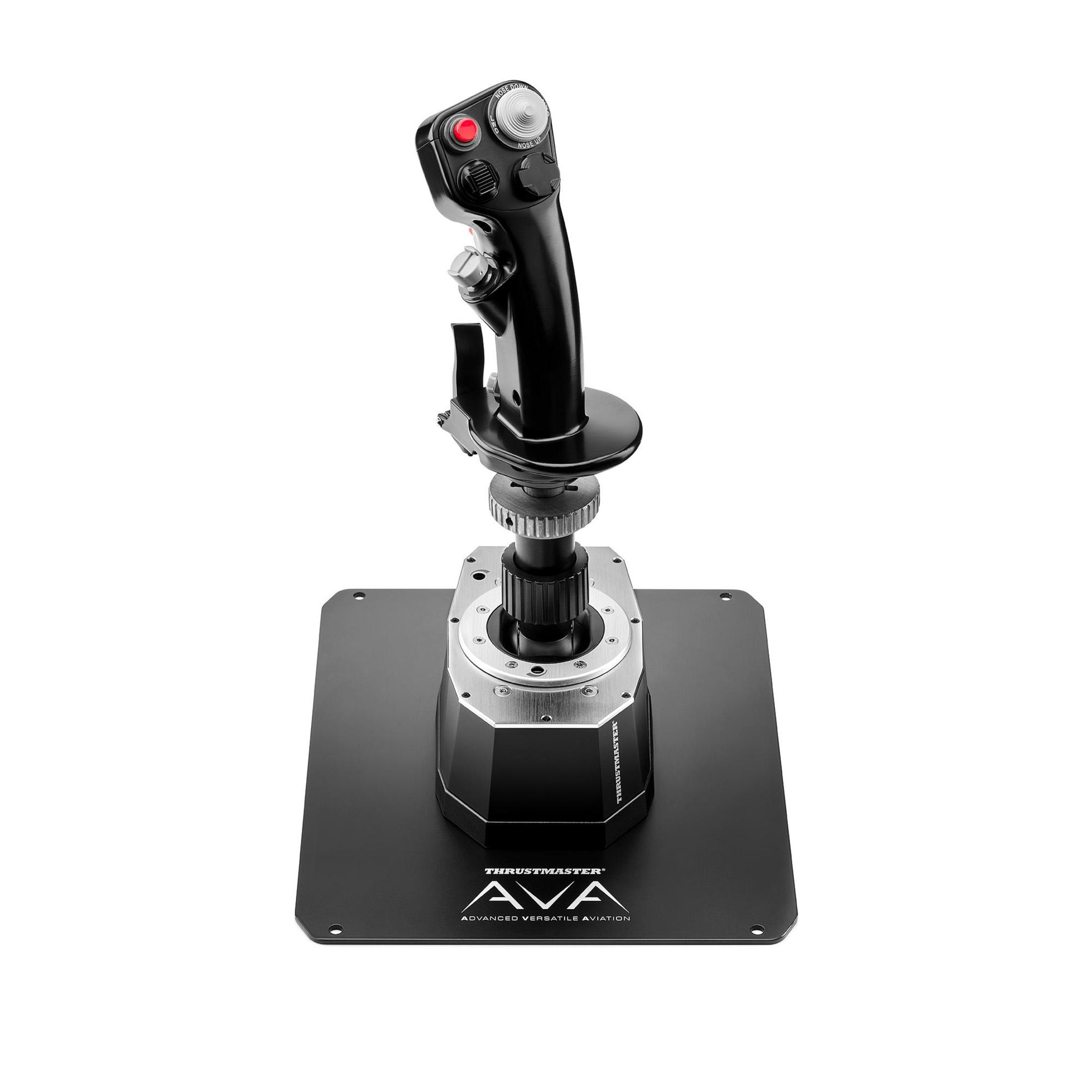 Un joystick negro de simulador de vuelo sobre una base negra.