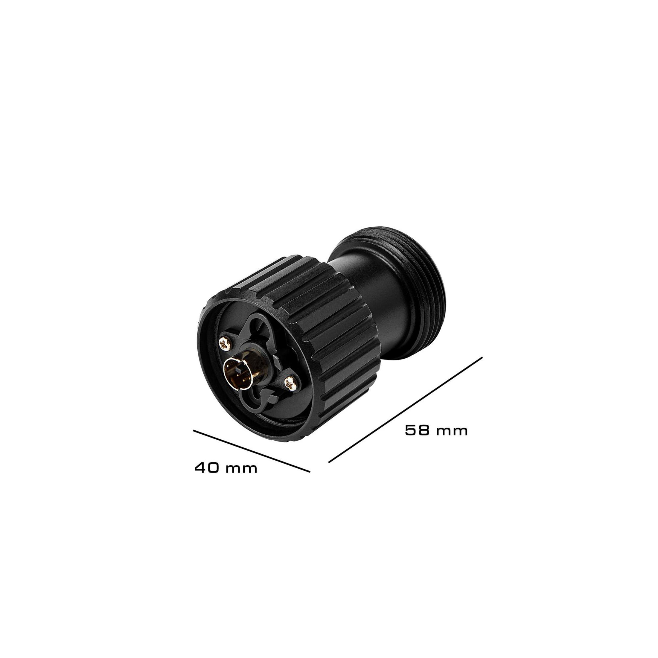 Conector cilíndrico negro con borde acanalado y componente central circular, fondo blanco.