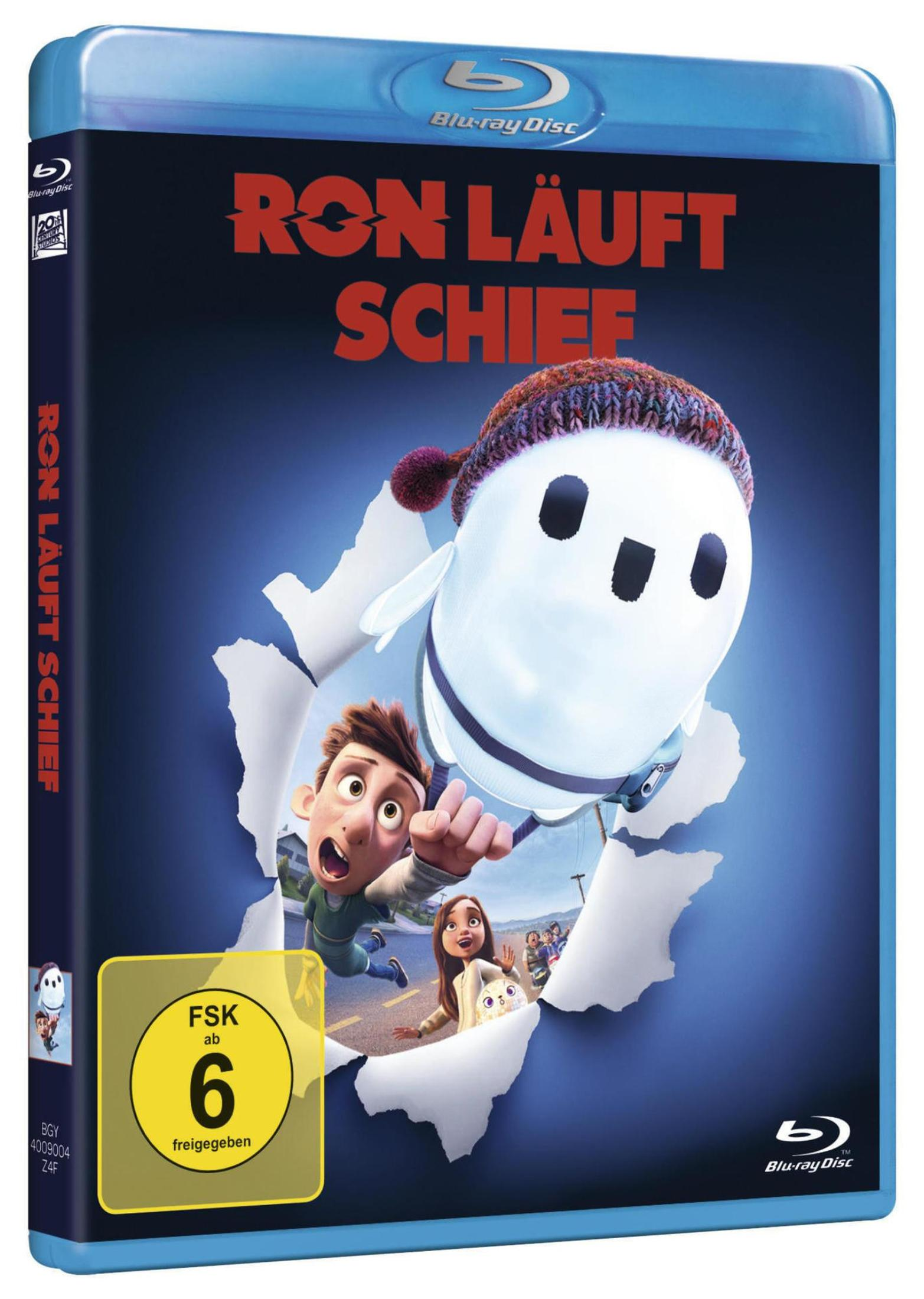 Blu-ray-Hülle des Animationsfilms Ron Läuft Schief mit Charakteren, die durch Papier reißen.