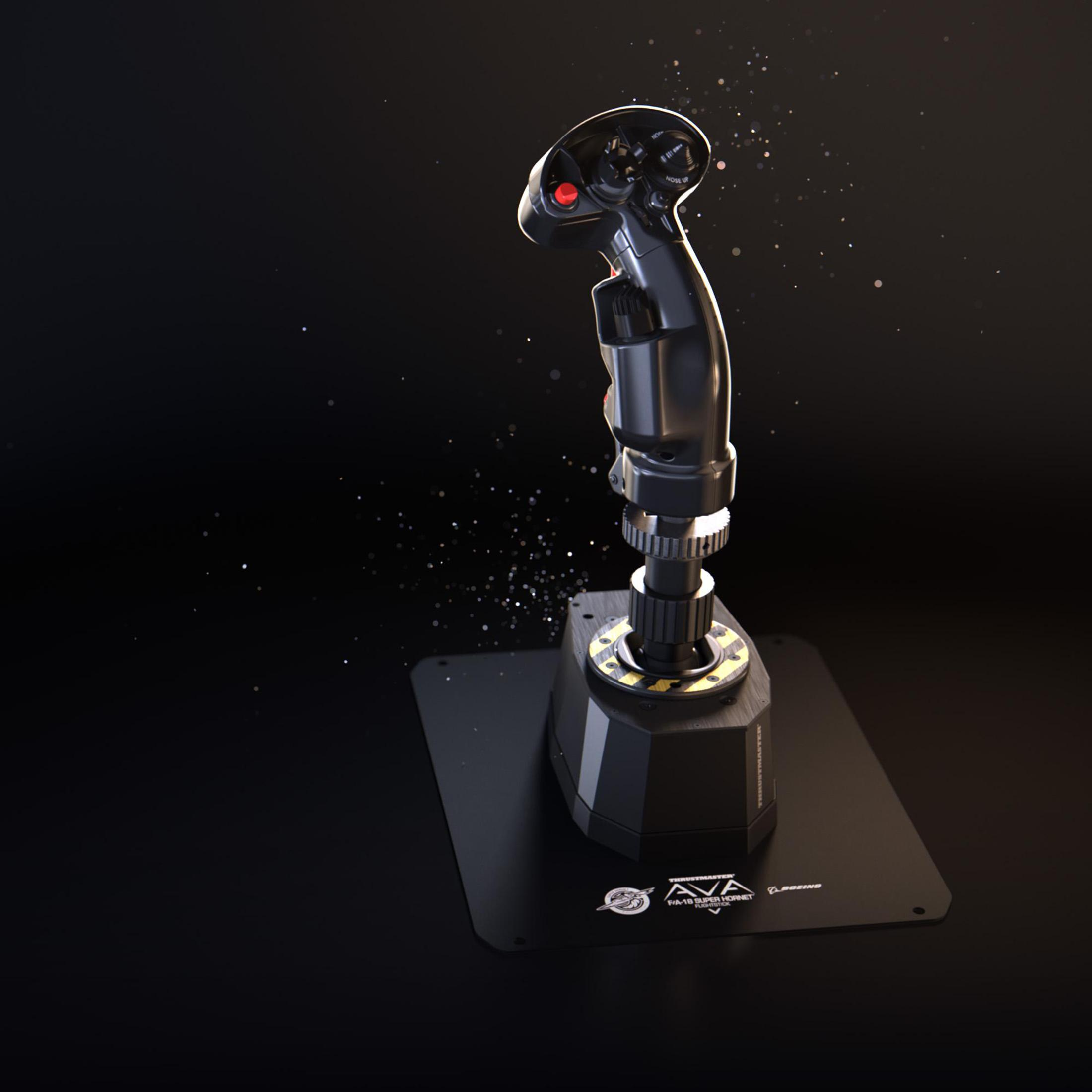 Mando de vuelo negro sobre una base negra. Diseño detallado, con luces y botones.