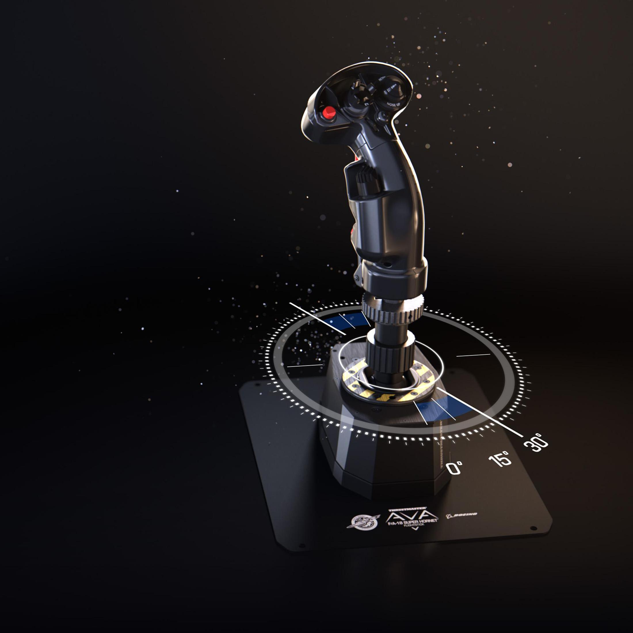 Un joystick negro con base, sobre un fondo oscuro con efectos de luz.