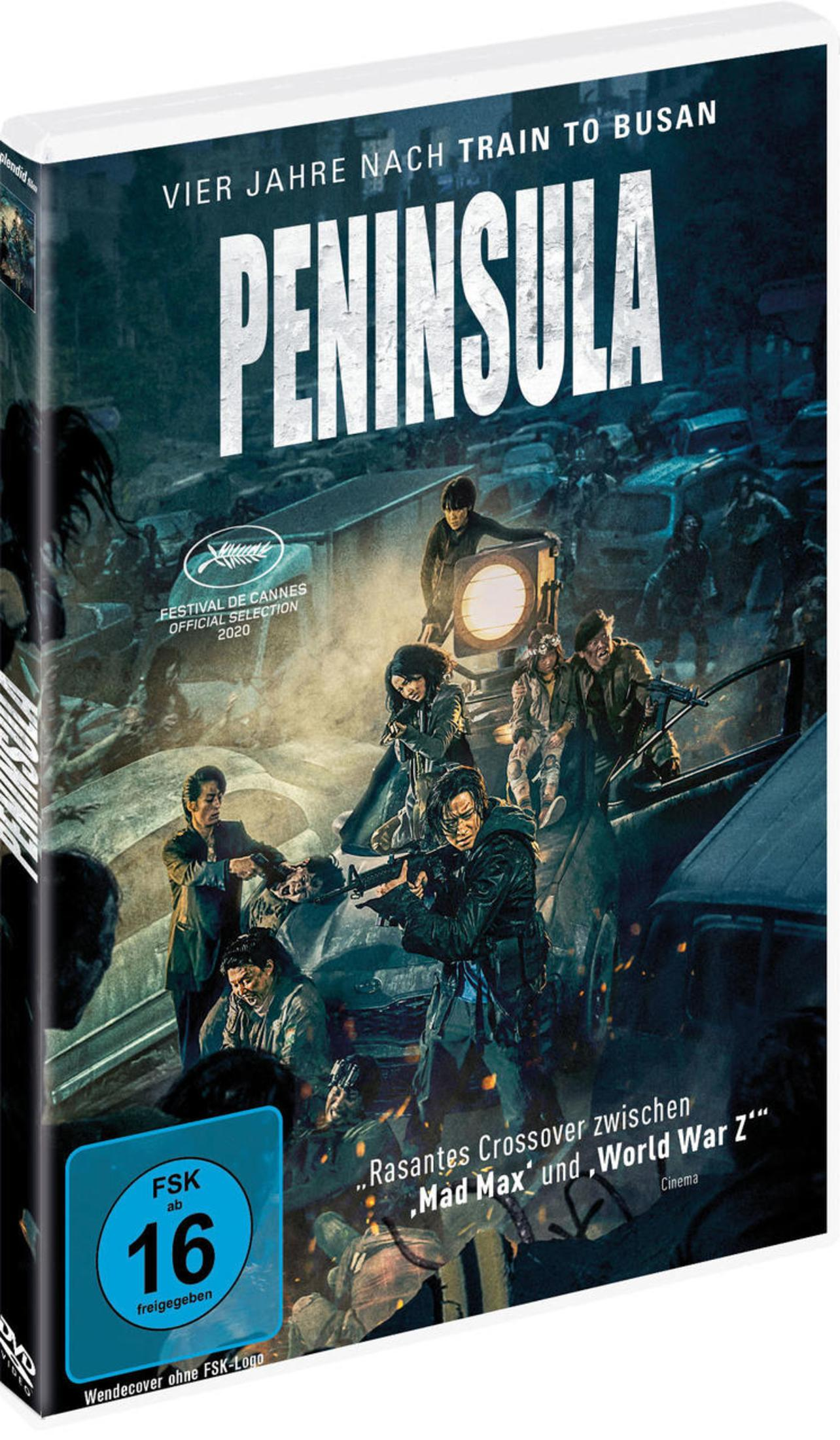 DVD-Hülle des Films Peninsula mit bewaffneten Charakteren vor einer zerstörten Kulisse.