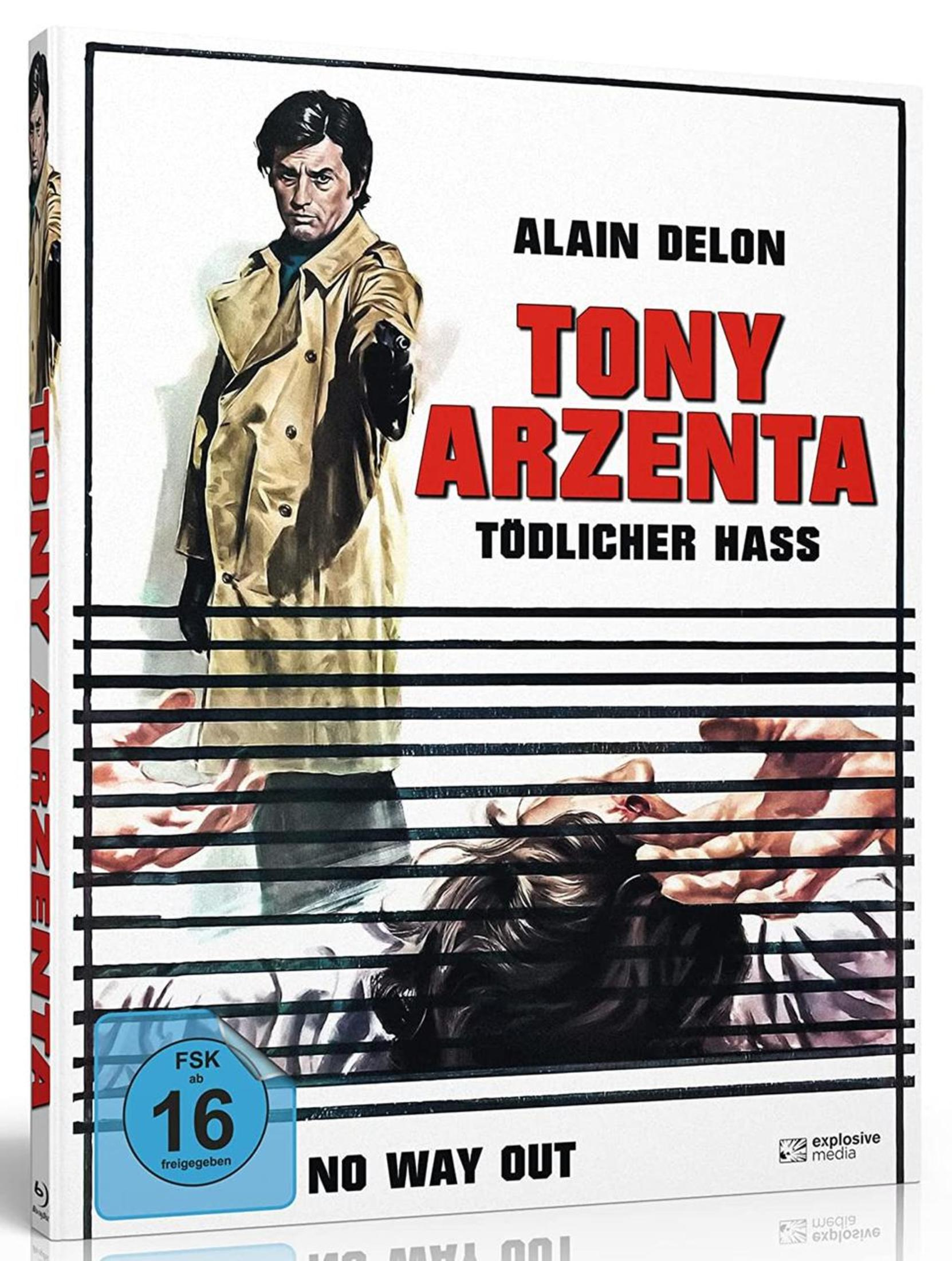 Tony Arzentas Blu-ray-Cover. Mann mit Waffe, Frau am Boden, Text über der Szene. Weißer Hintergrund.