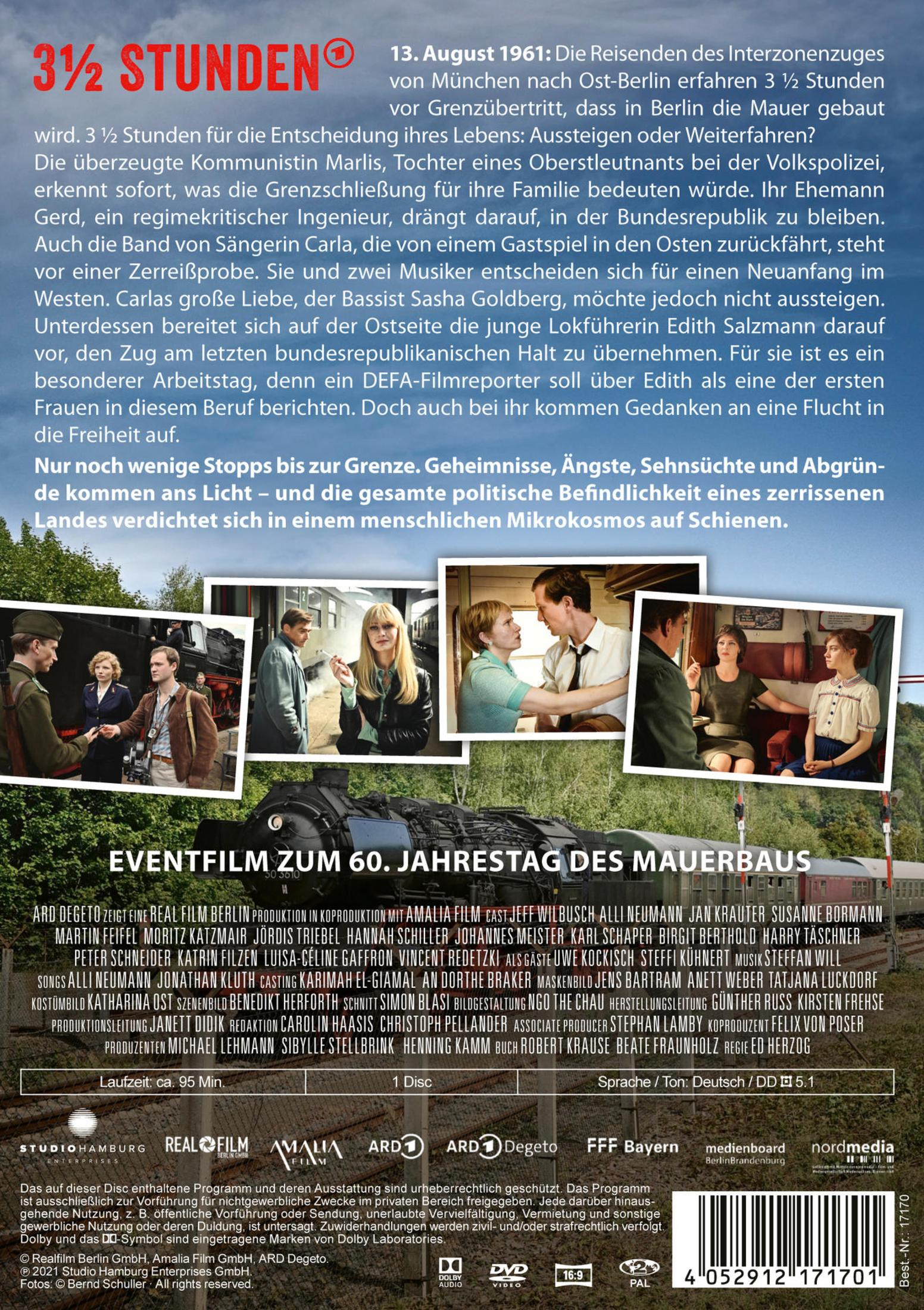 DVD-Cover des Films 3 1/2 Stunden mit Szenenbildern, Zug und Text.