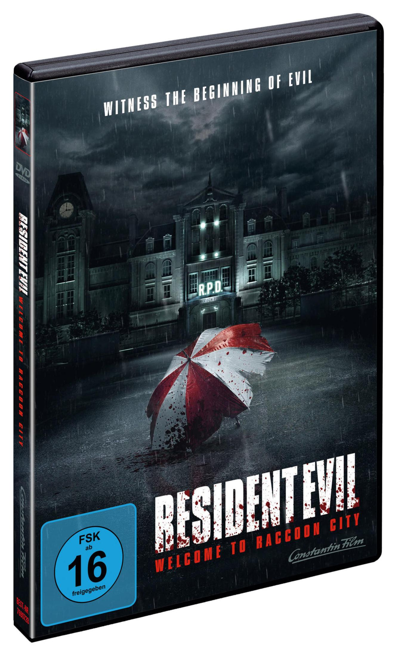 DVD-Hülle von Resident Evil: Welcome to Raccoon City mit rotem Regenschirm vor einem düsteren Gebäude im Regen.