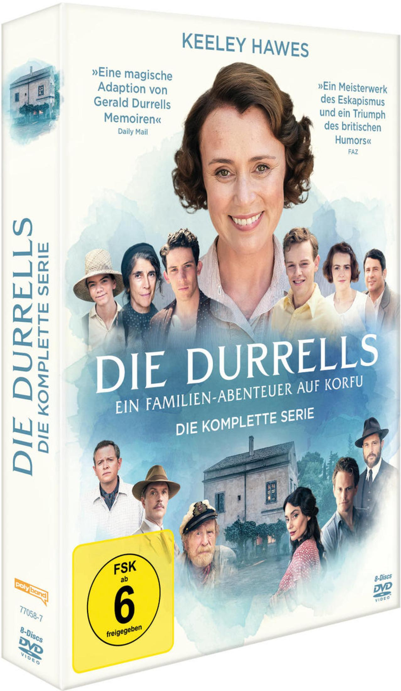 DVD-Cover von 'Die Durrells' mit Keeley Hawes und Cast-Mitgliedern vor einer Villa auf Korfu.
