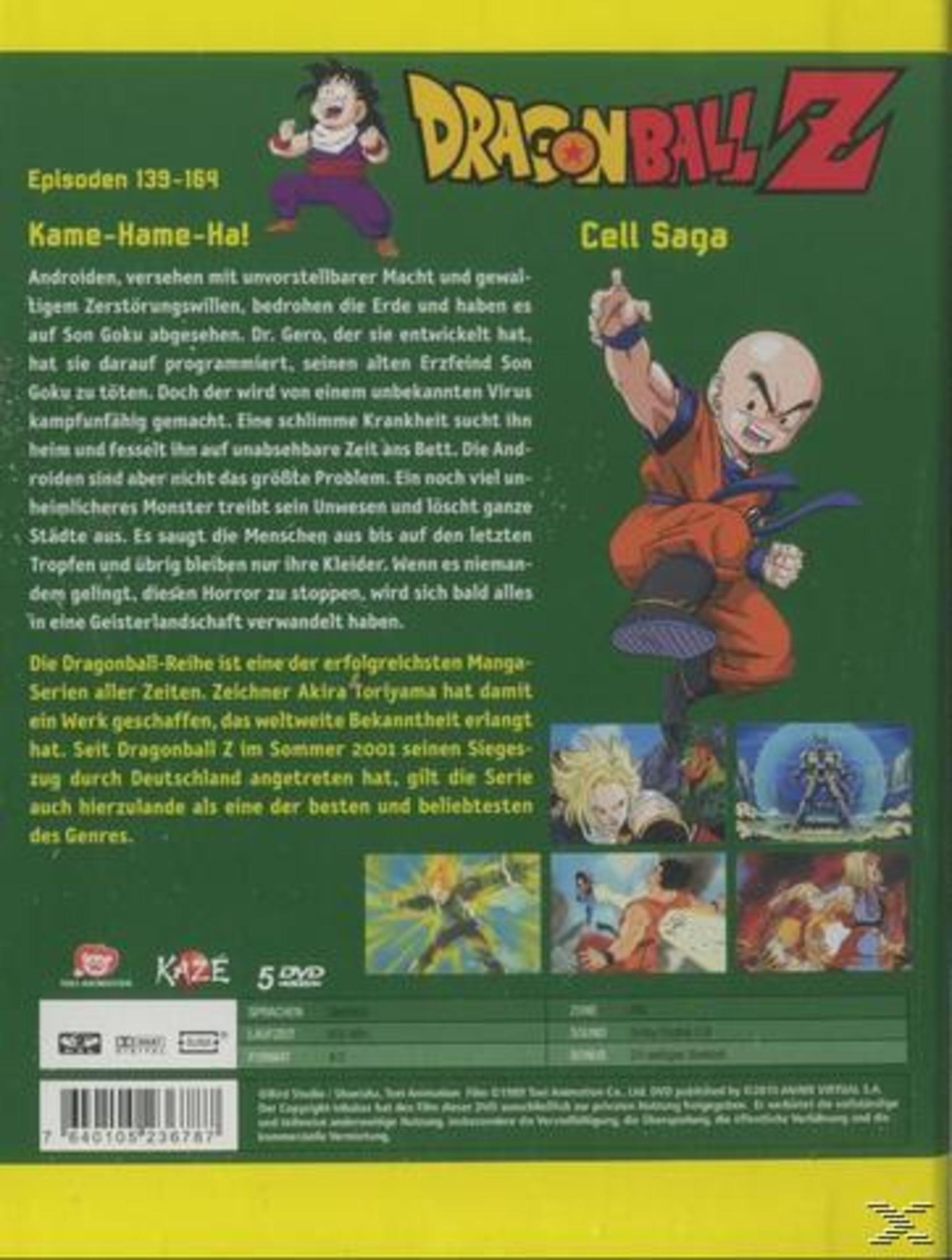 Grüne Dragon Ball Z Cell Saga DVD-Hülle mit Charakterbildern und deutscher Zusammenfassung.