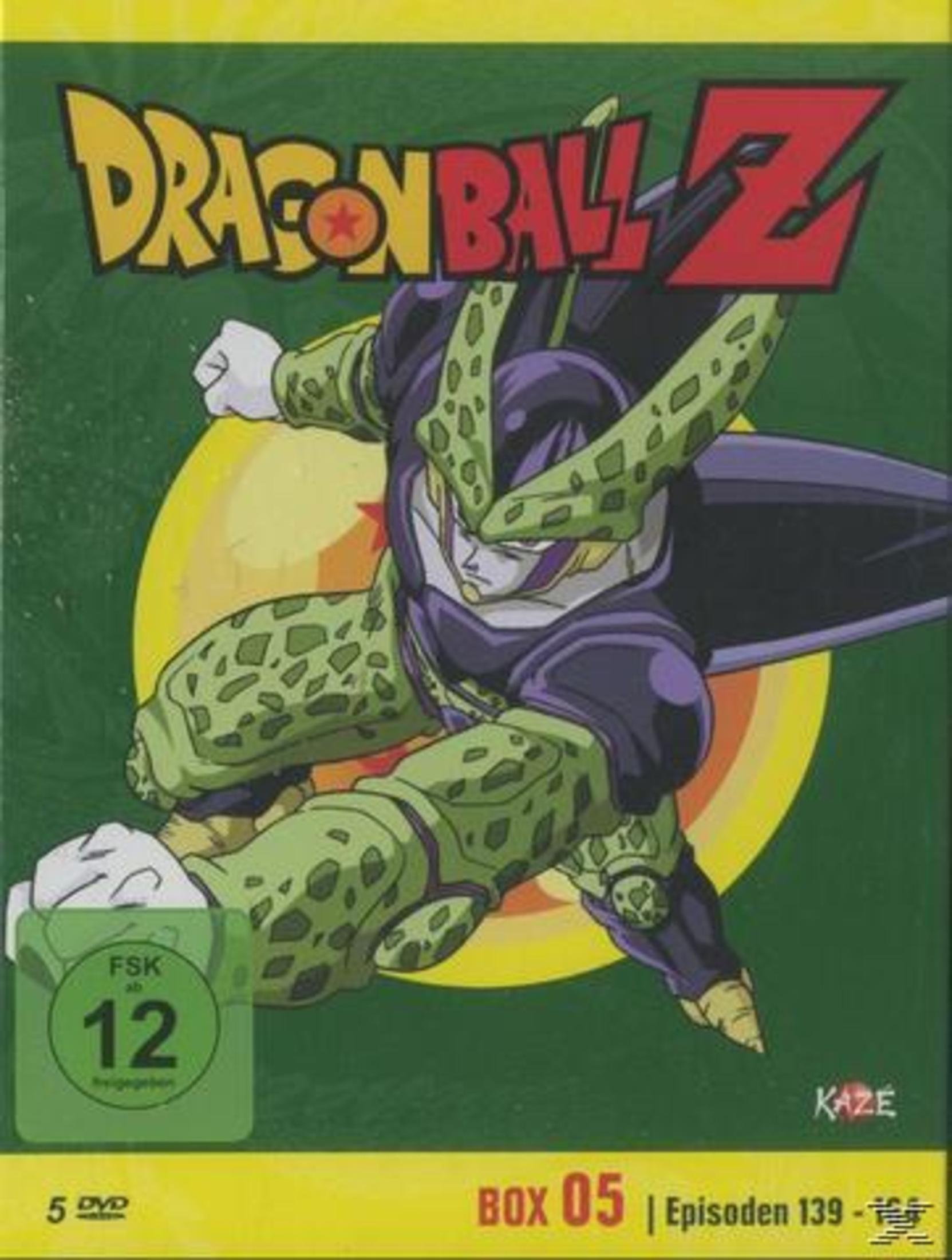 Dragon Ball Z DVD Cover mit Cell, der vor einem orangen Kreis springt. Grüne Box 05 mit FSK 12 Logo.