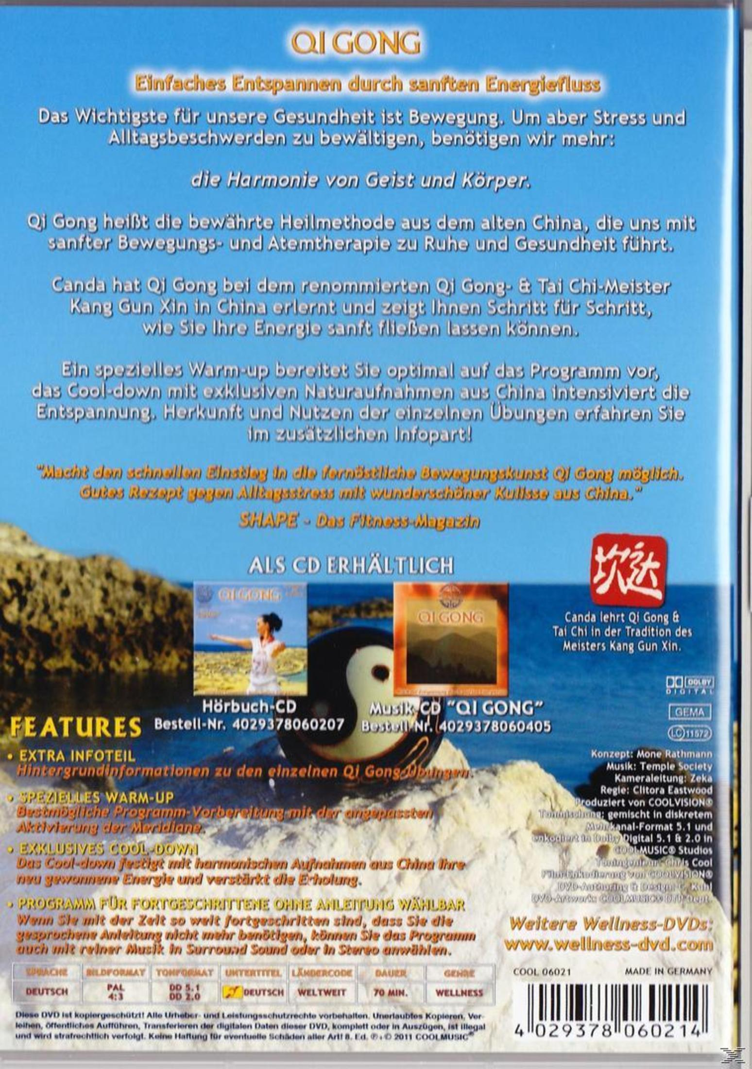 Rückseite einer Qi Gong DVD-Hülle mit Texten, Bildern und einem Yin-Yang-Symbol auf blauem Hintergrund.