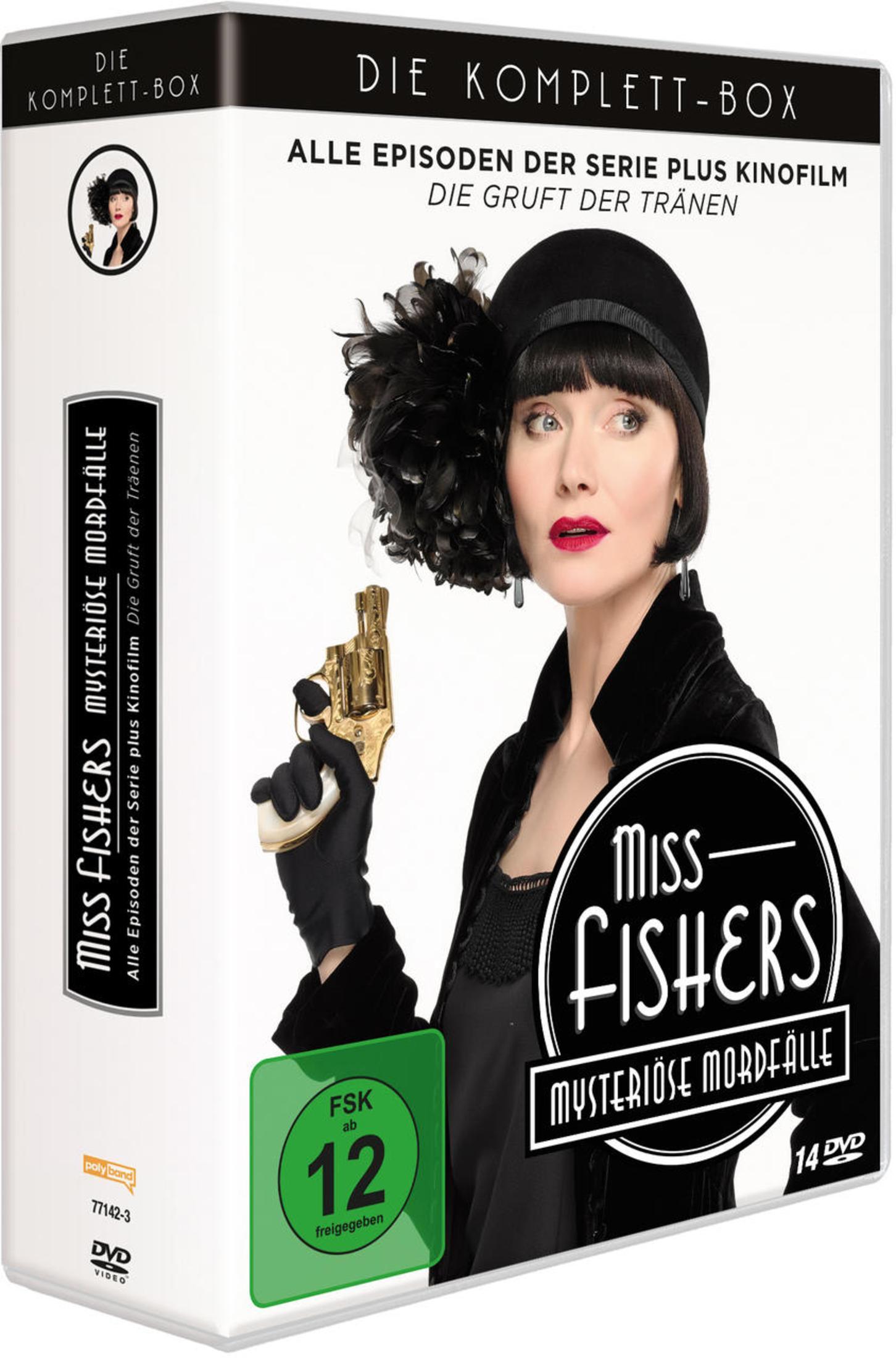 DVD-Box Miss Fishers mysteriöse Mordfälle mit einer Frau im schwarzen Kleid und Hut mit goldenem Revolver.