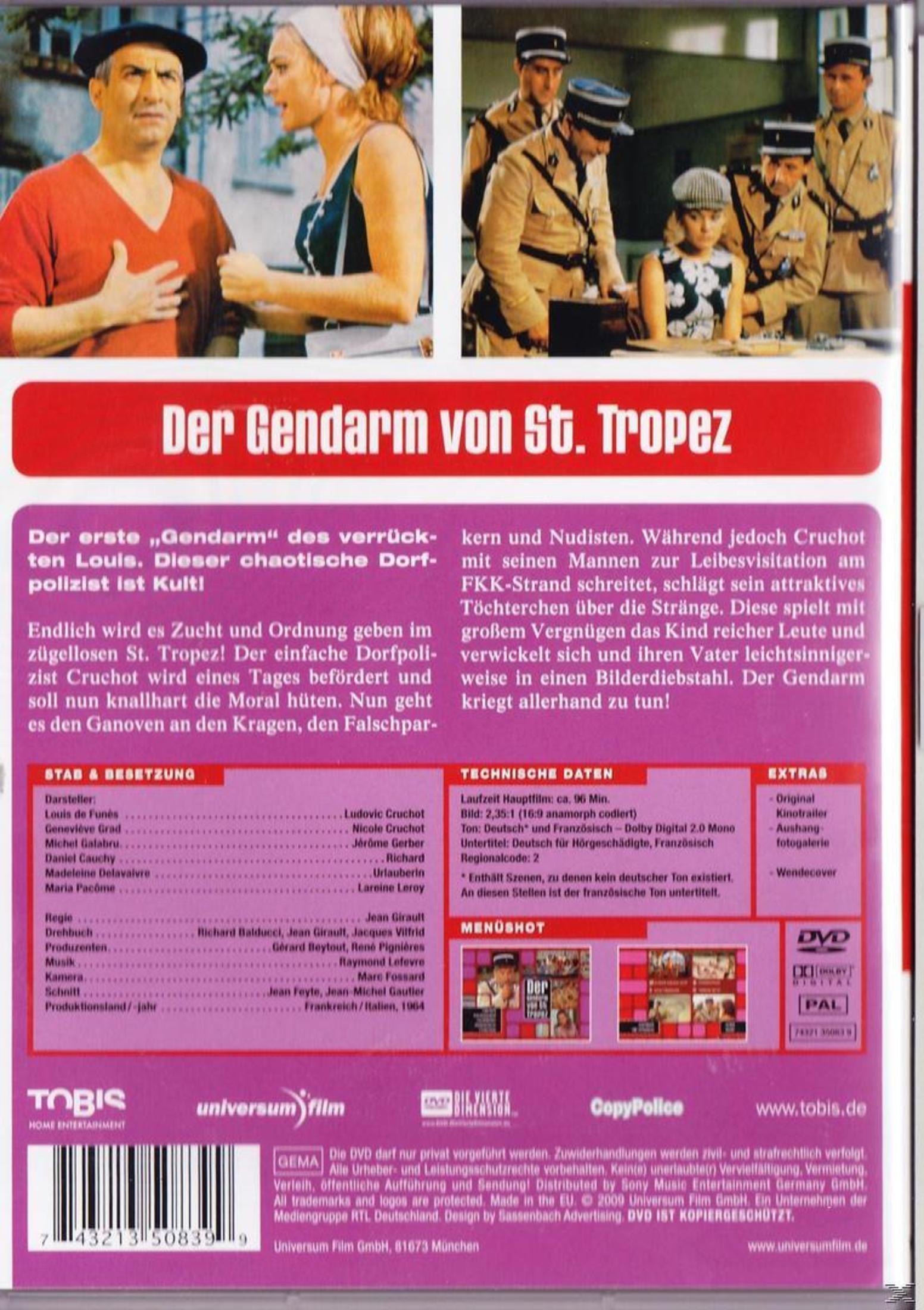 DVD-Hülle von Der Gendarm von St. Tropez mit Szenenfotos, Text und Besetzungsangaben.