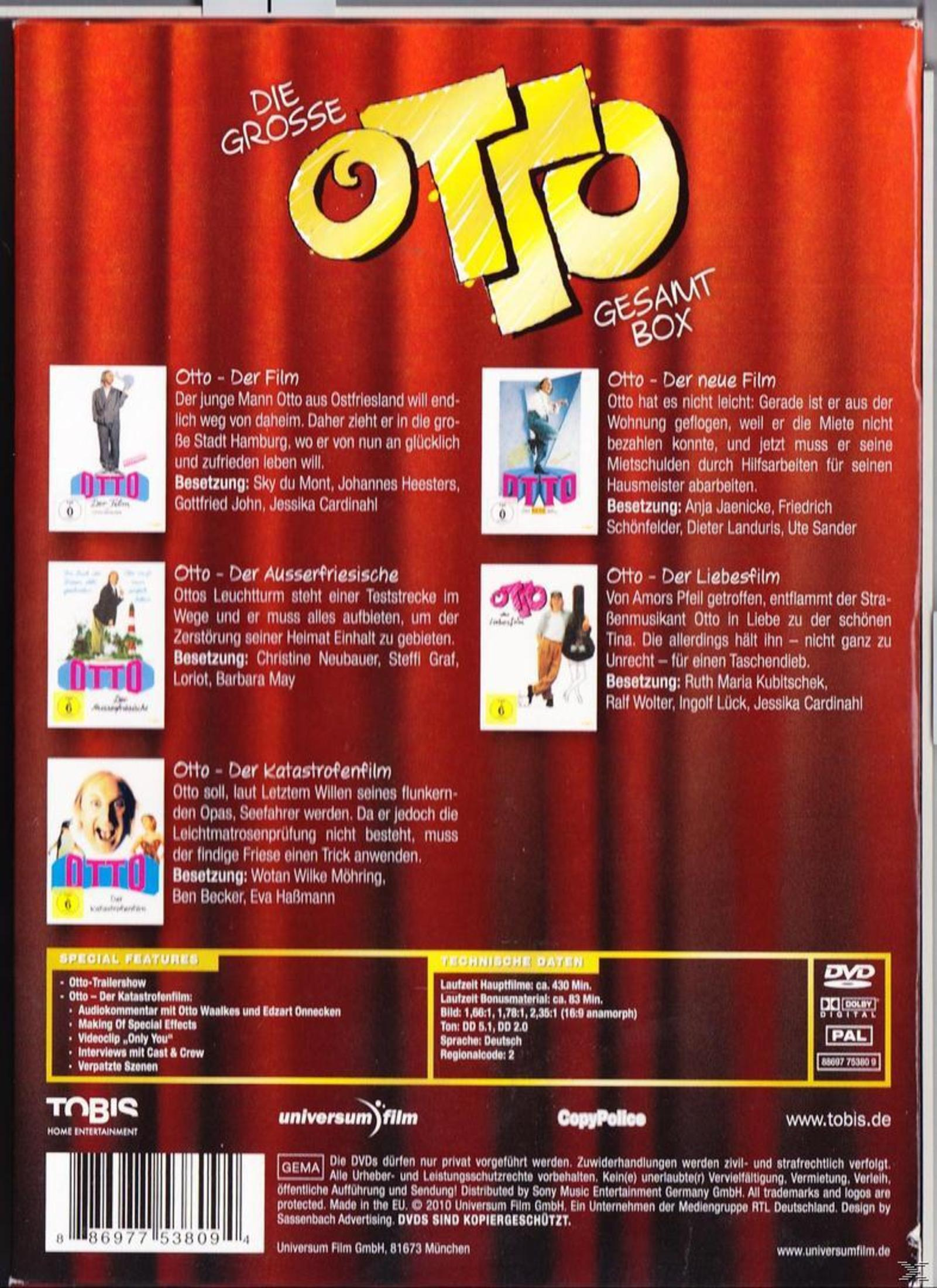Rückseite einer DVD-Box der Otto-Gesamtbox mit roten Hintergrund und fünf Filmszenen sowie Beschreibungen.