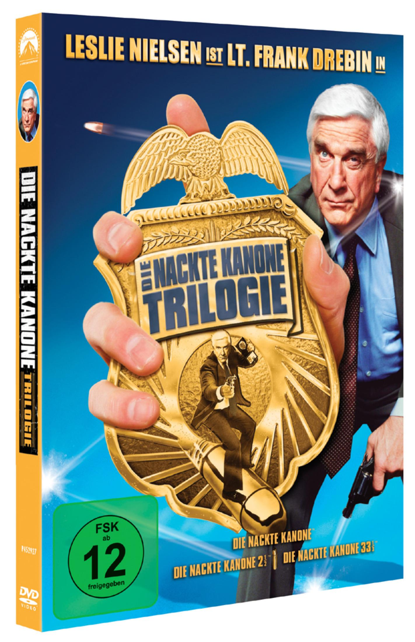 DVD-Hülle der Nackten Kanone Trilogie mit Leslie Nielsen, der ein riesiges Polizeizeichen hält.