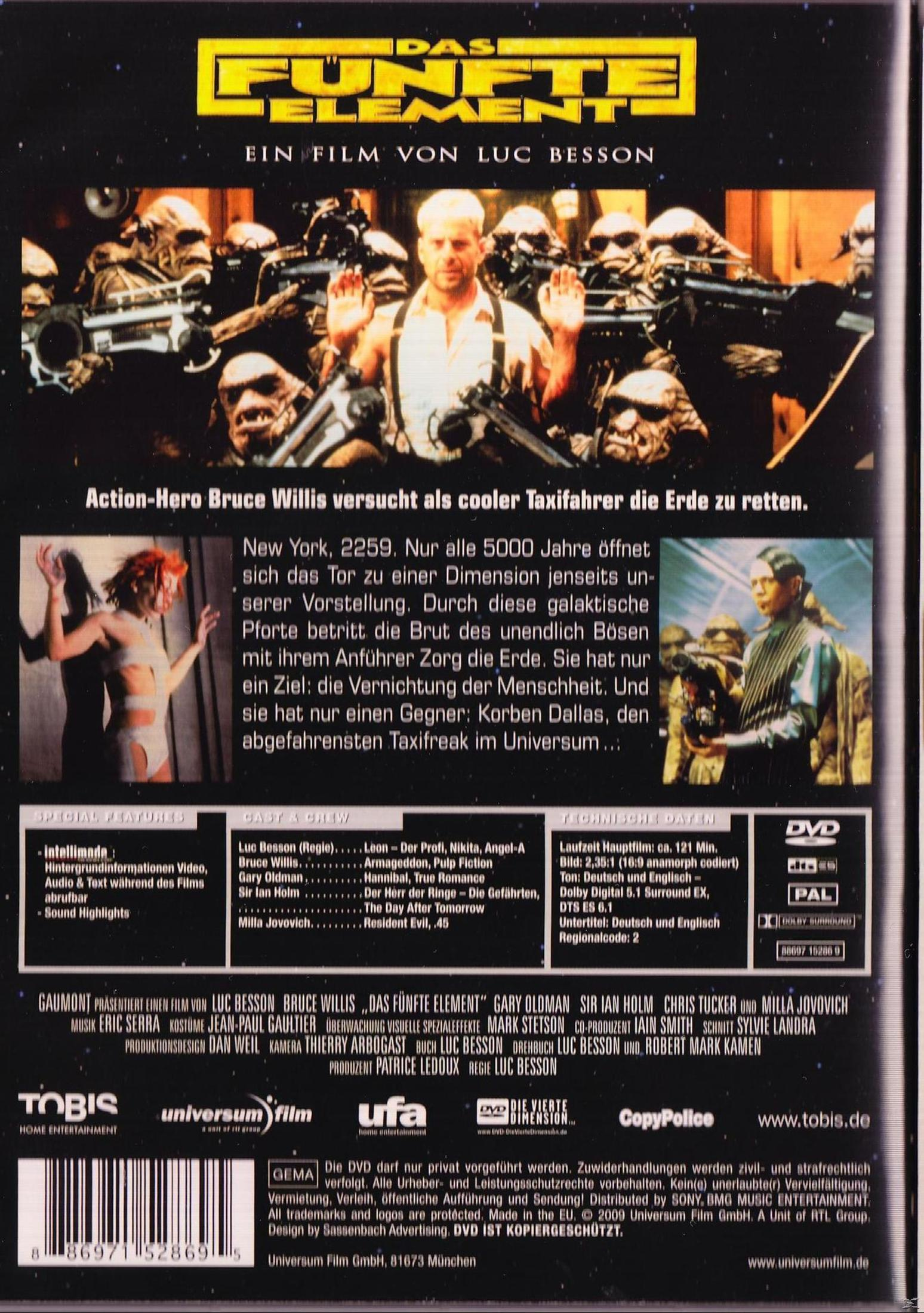 DVD-Hülle des Films Das fünfte Element mit Bruce Willis, Bildern und Texten.