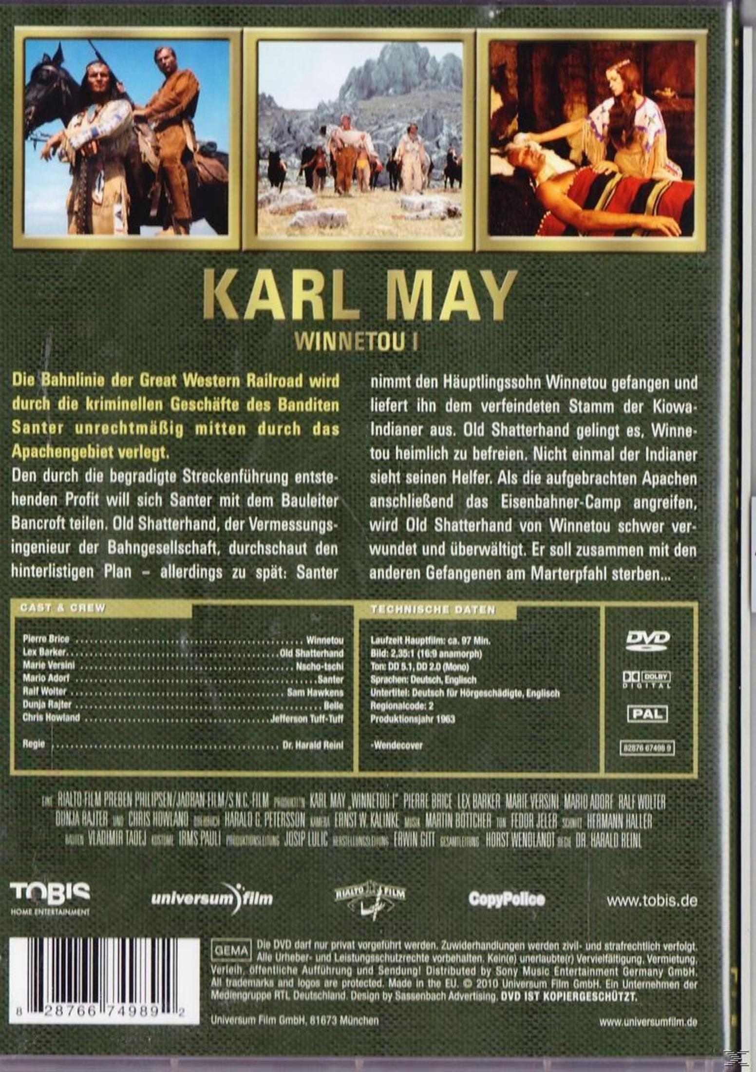 Rückseite einer Karl May Winnetou I DVD-Hülle mit Filmfotos, Texten, Cast und technischen Daten.