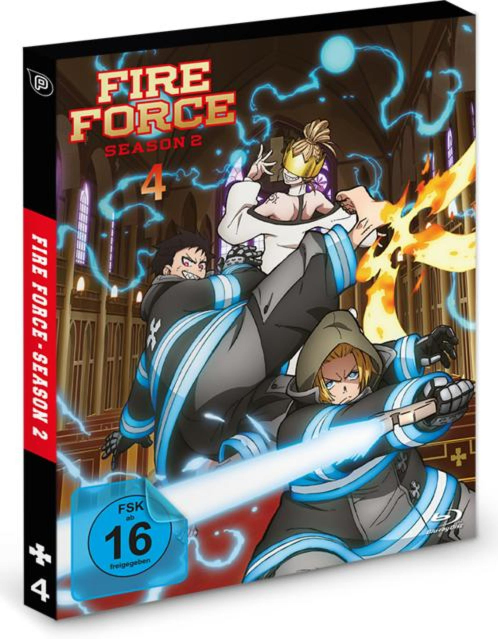 Anime-Blu-ray-Hülle von Fire Force Season 2 mit Charakteren im Kampf vor einer Kirche.