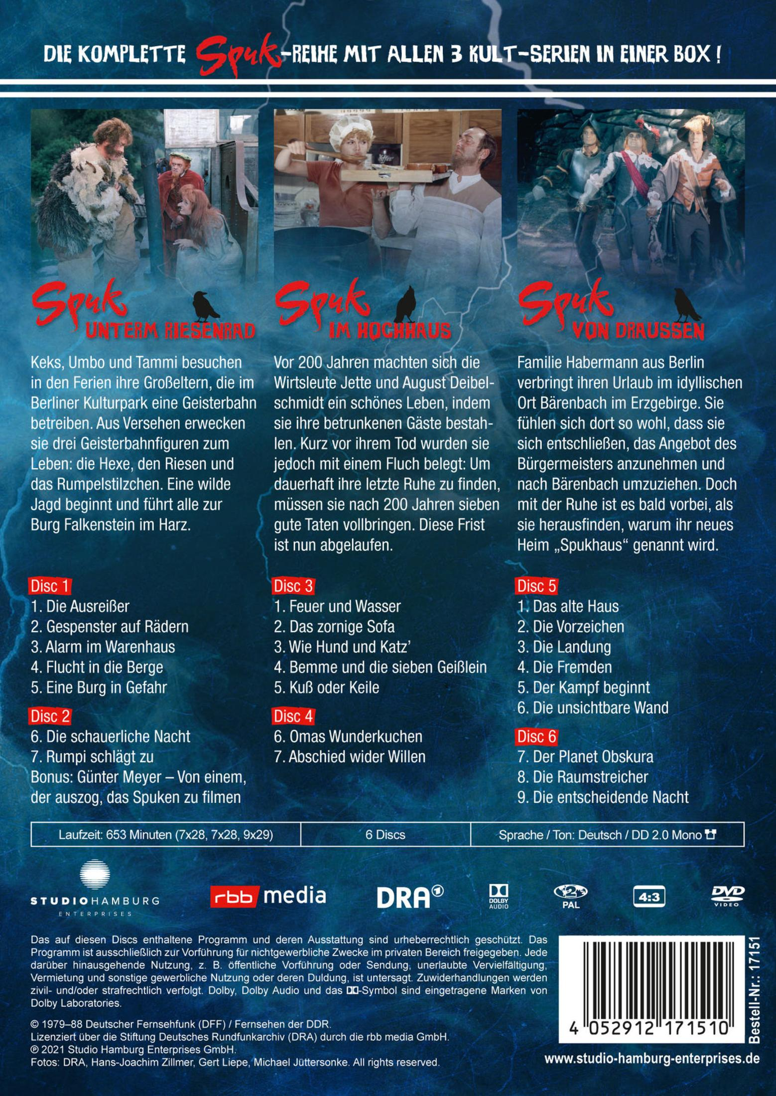 DVD-Cover der Spuk-Kultserien-Box mit Szenenbildern, Beschreibungen und Inhaltsverzeichnis der sechs Discs.