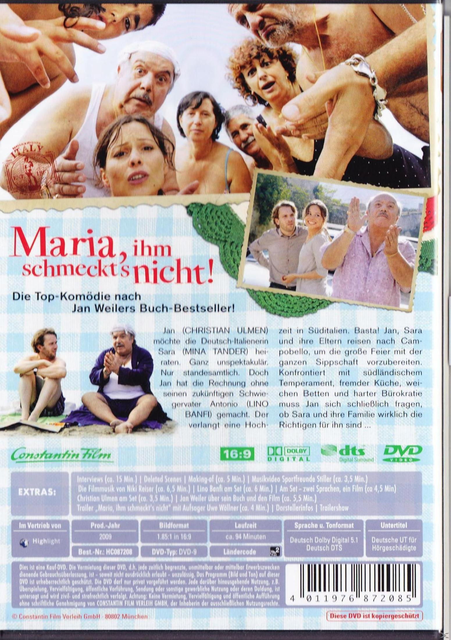 Rückseite der Maria, ihm schmeckt's nicht! DVD. Bilder von Charakteren, Text, weißer Hintergrund.