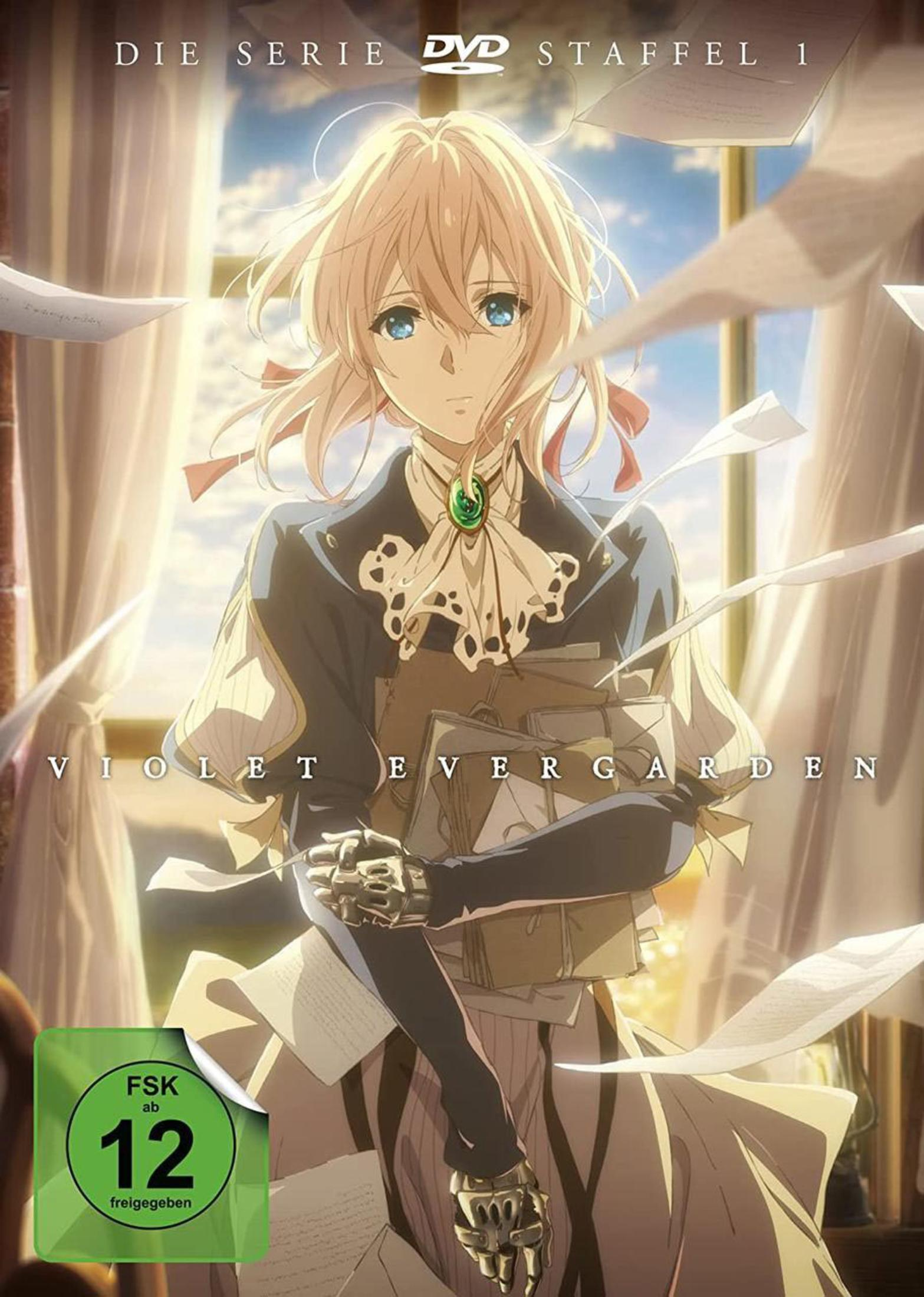 Violet Evergarden DVD-Cover. Ein Mädchen in einem Kleid hält Bücher, mit fallenden Papieren.