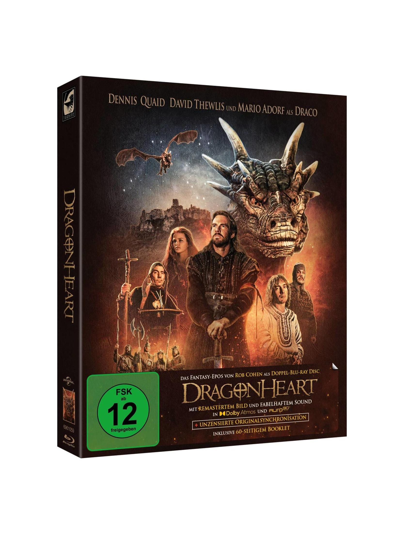 Dragonheart Blu-ray Cover mit Dennis Quaid und einem großen Drachen.