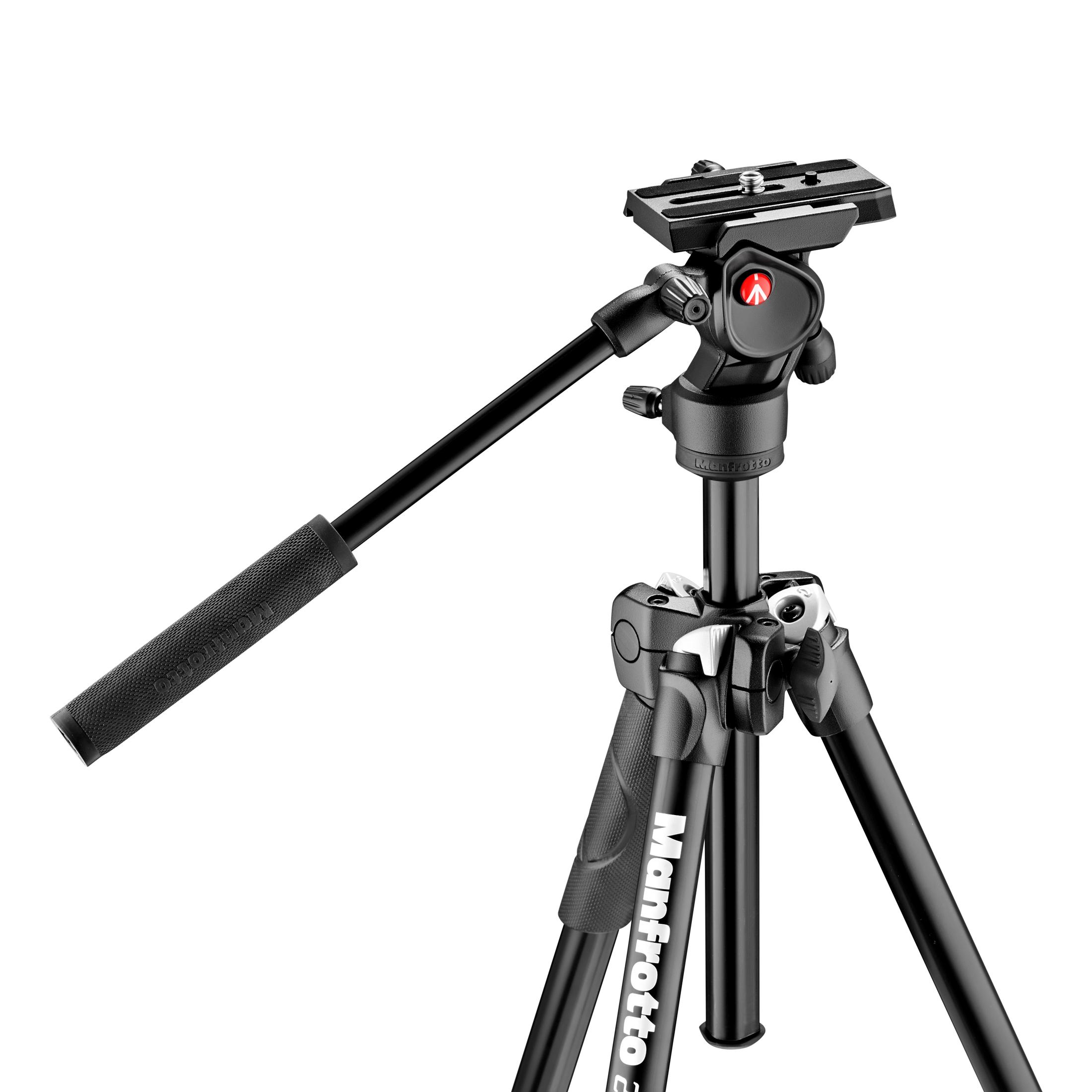 Trípode Manfrotto negro, extendido. Mango y patas visibles sobre fondo blanco.