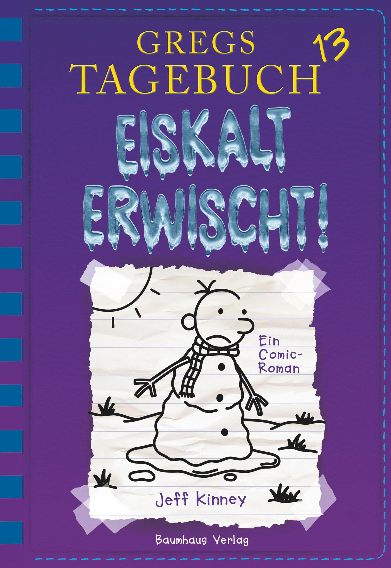 Buchcover von Gregs Tagebuch 13 mit einem traurigen Schneemann auf lila Hintergrund.