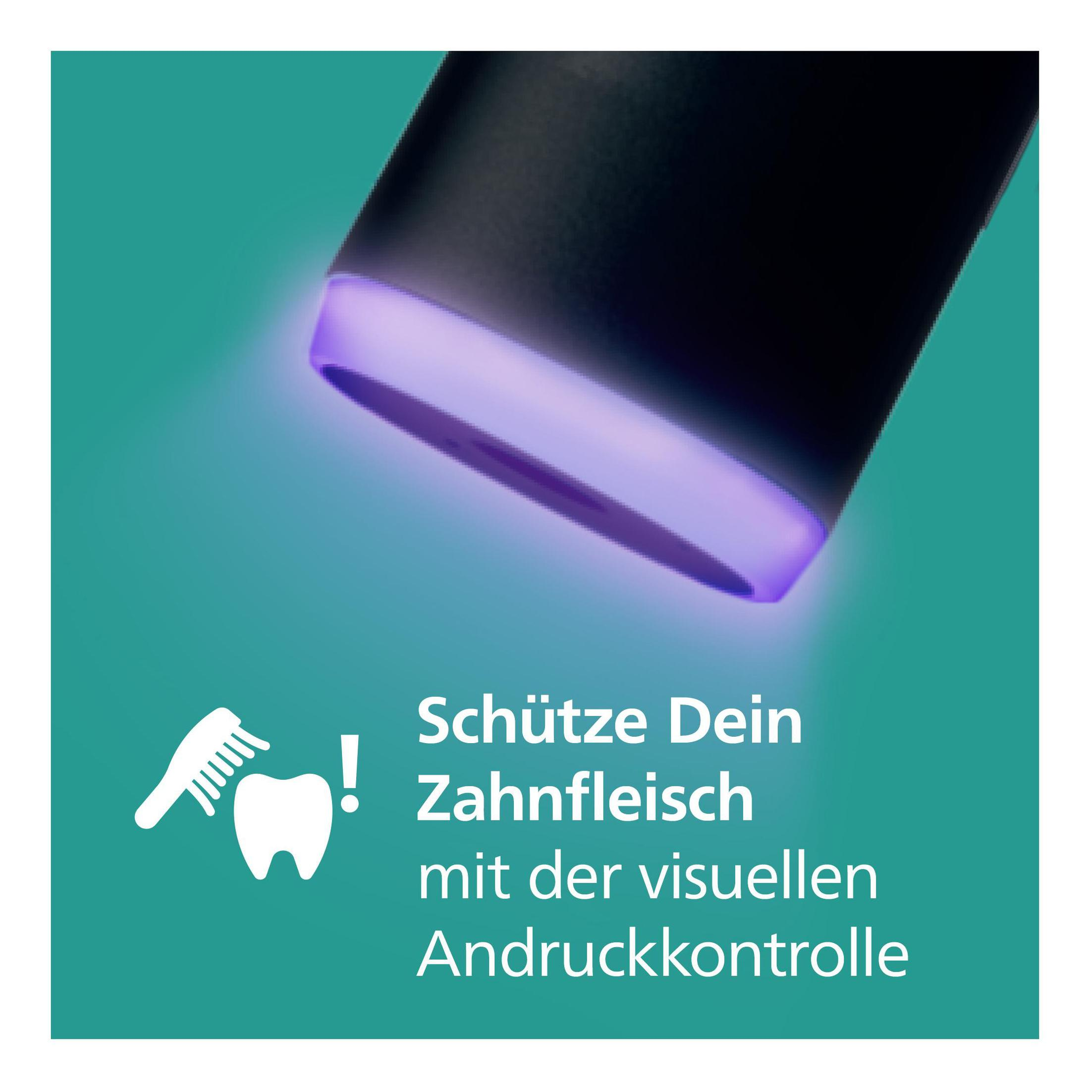 Schwarzes Gerät strahlt violettes Licht aus, in der Nähe von Text über den Schutz des Zahnfleischs. Eine Zahnbürste und ein Zahn-Symbol sind ebenfalls sichtbar.