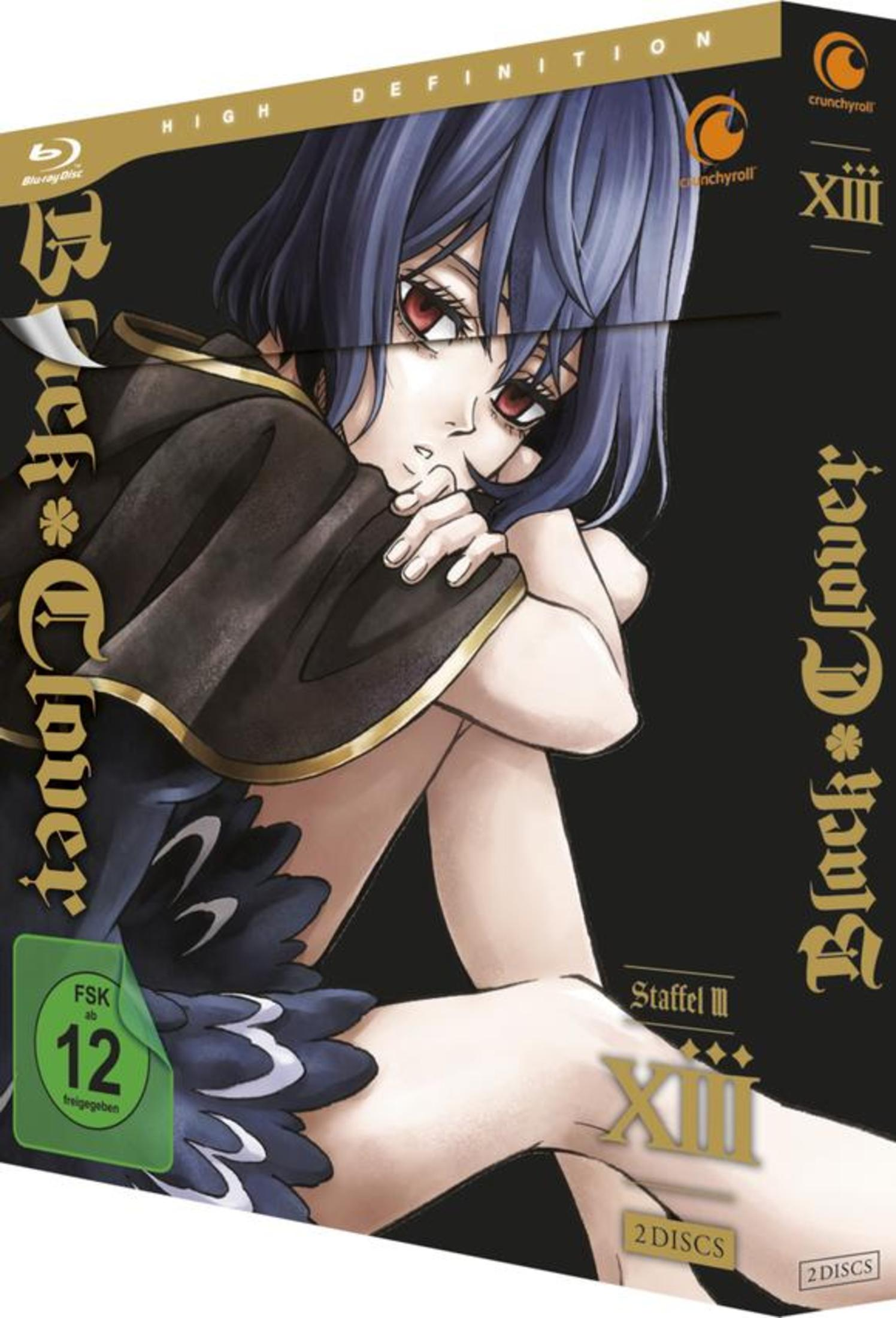 Black Clover Staffel III DVD-Cover. Eine Figur mit blauen Haaren sitzt, mit Titeltext und Logo.