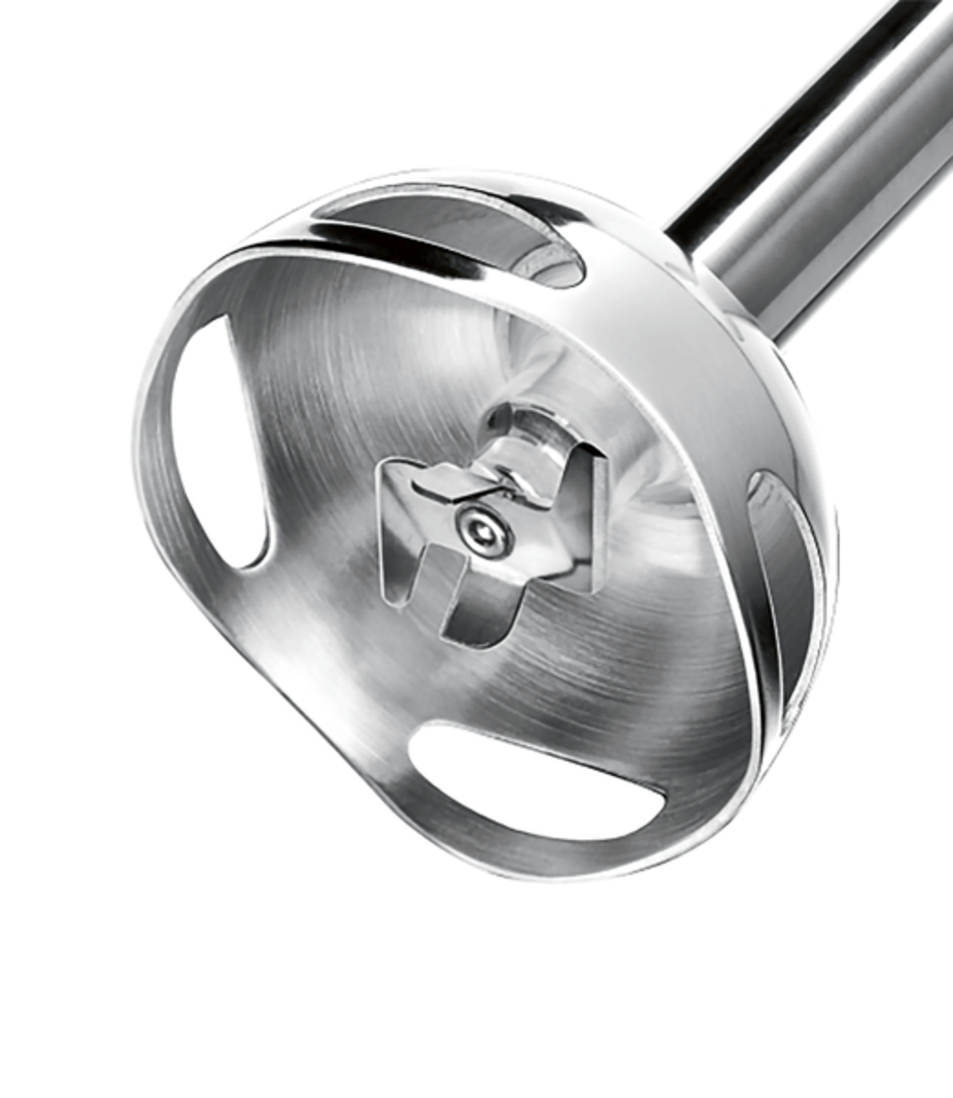 Zbliżenie głowicy blendera zanurzeniowego ze stali nierdzewnej z ostrzami. Ostrza są punktem centralnym obrazu.